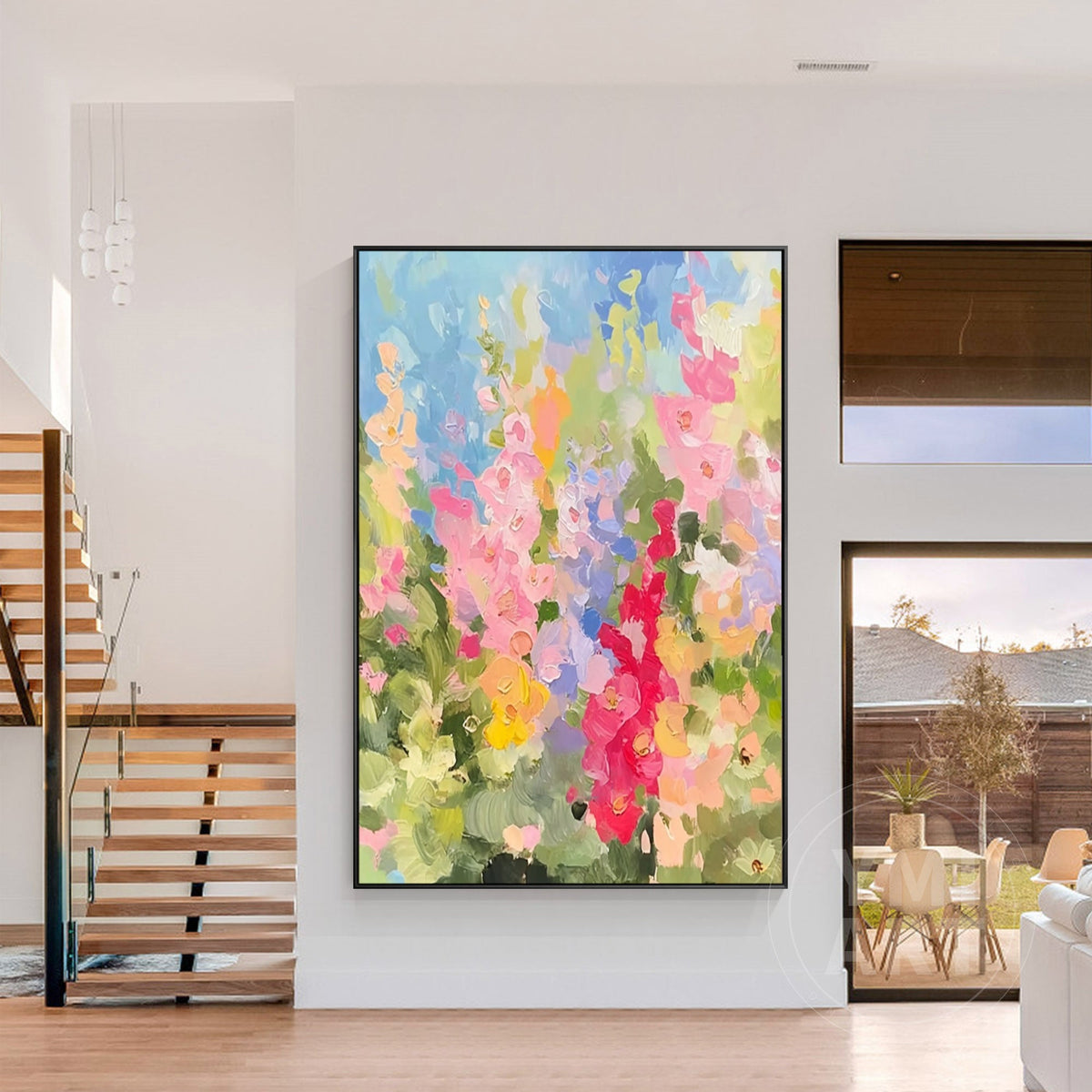 Vertical colorful larkspur wildflower impasto oil painting, textured impressionist summer garden floral canvas wall art