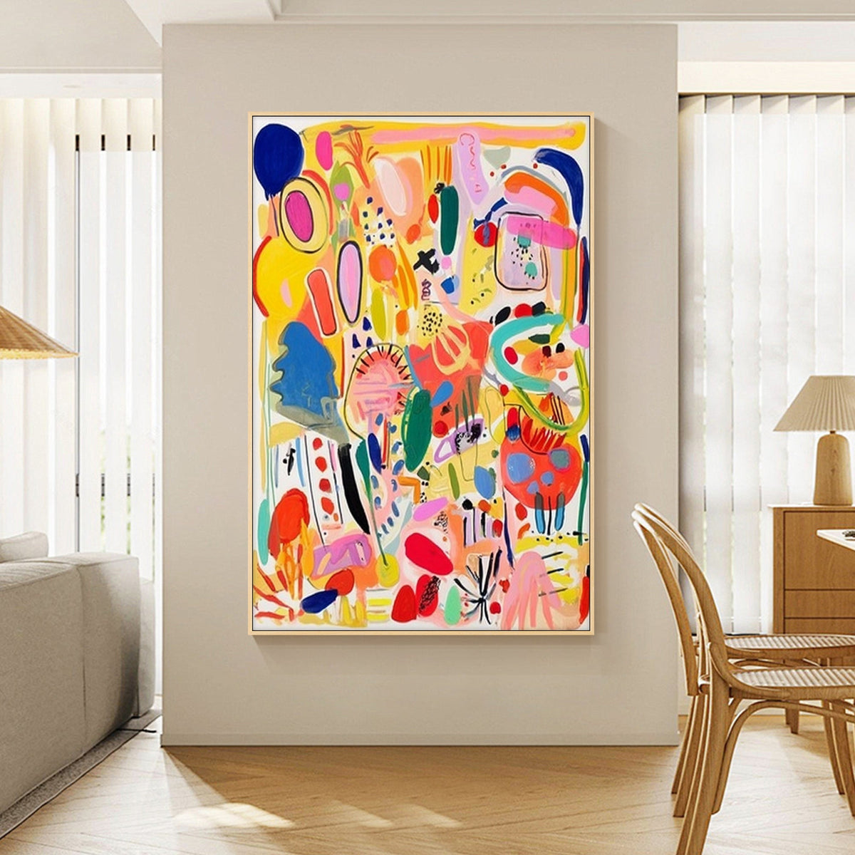 Hand‑painted vertical thick impasto textured colorful graffiti pop‑art abstract wall art with bold playful shapes for maximalist boho modern eclectic home decor