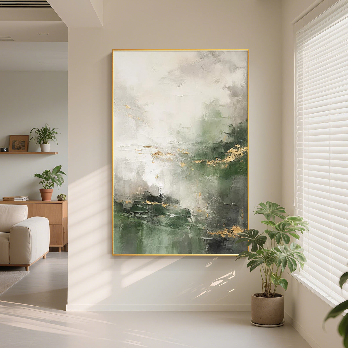 textured sage green gold foil abstract landscape wall art for wabi‑sabi japandi minimalist modern luxury home decor