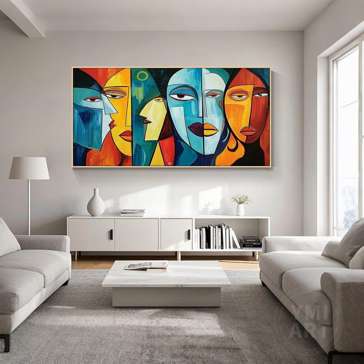 Hand‑painted horizontal cubist geometric abstract face portrait wall art with bold blue orange yellow red tones for modern contemporary maximalist eclectic home decor