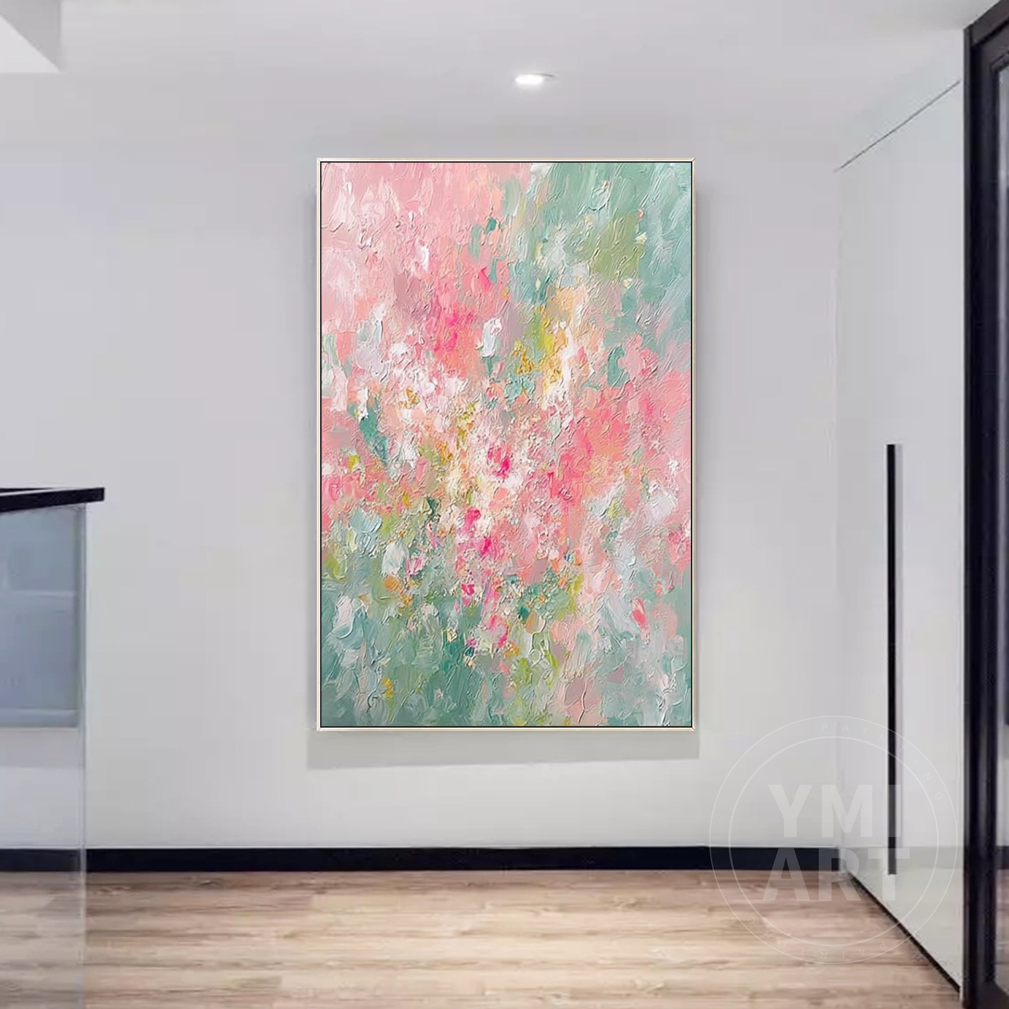 Vertical pink sage green impasto floral oil painting, textured soft pastel abstract spring flower canvas wall art