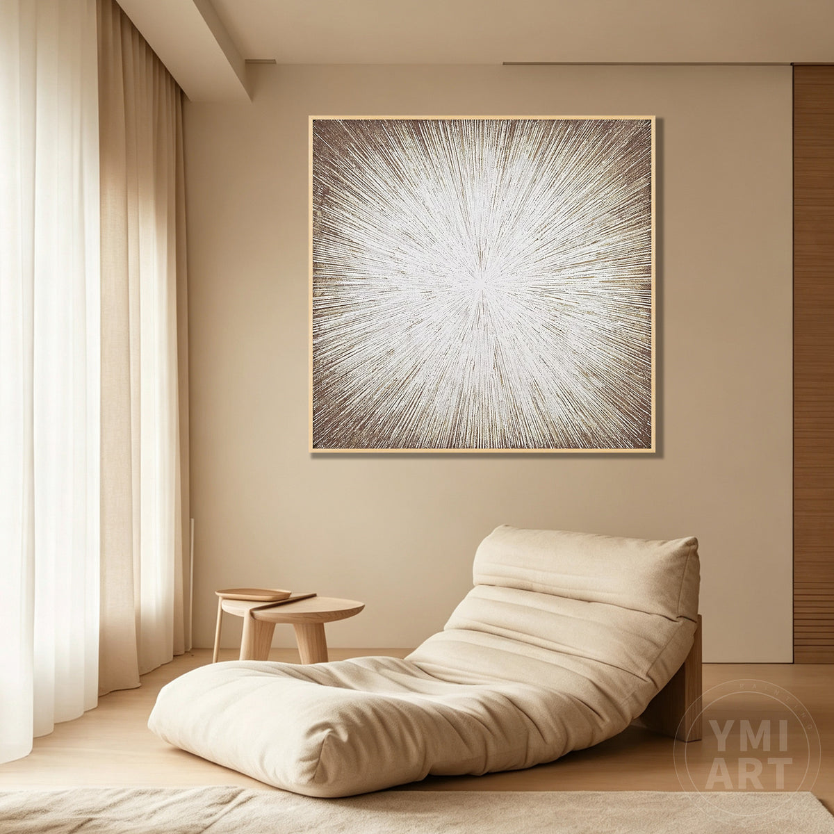 Hand-painted heavy texture plaster painting with dynamic outward burst lines and wood frame.