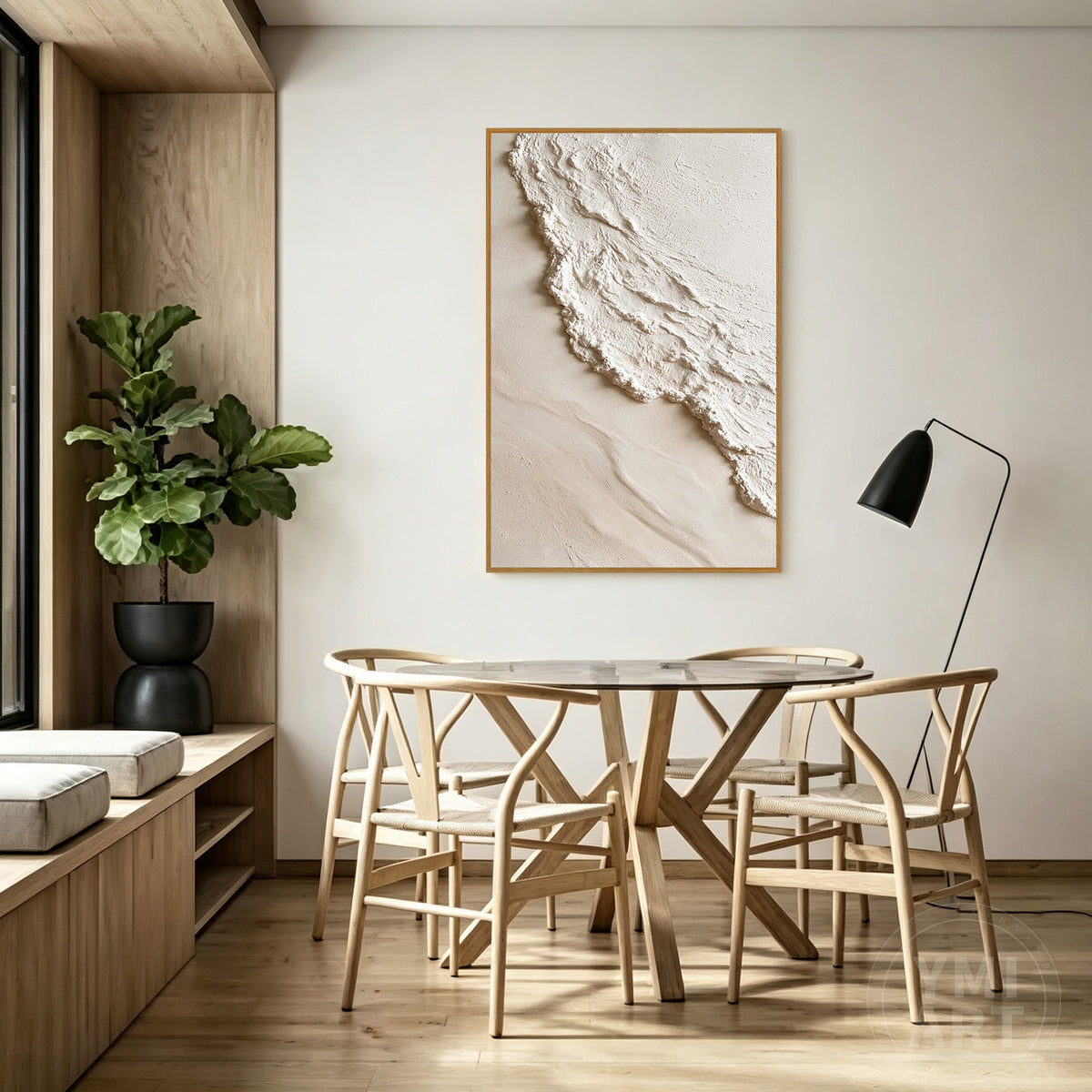 Close-up of handcrafted 3D impasto plaster layers depicting sea foam and coastal ridges on canvas.
