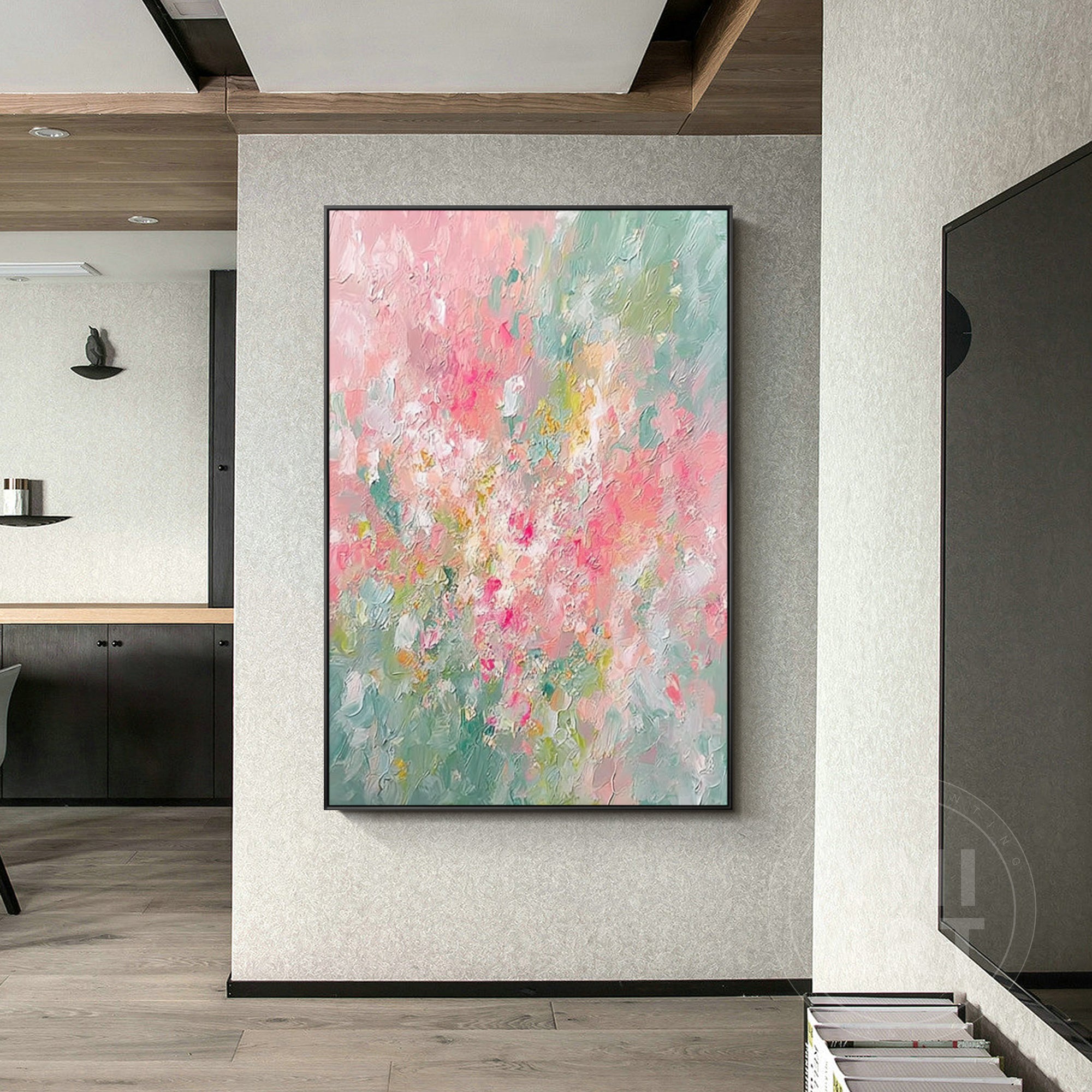 Vertical pink sage green impasto floral oil painting, textured soft pastel abstract spring flower canvas wall art