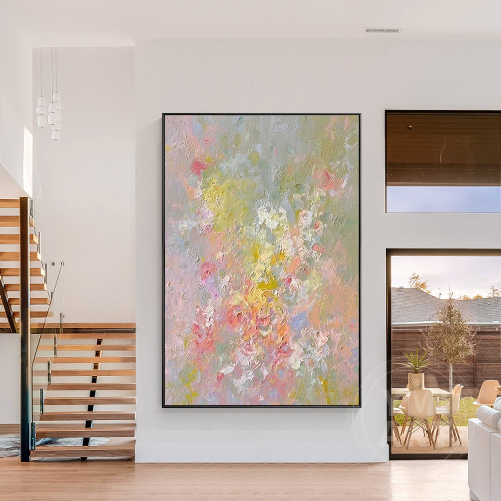 Vertical muted pastel wildflower impasto oil painting, textured soft‑focus abstract spring floral canvas wall art
