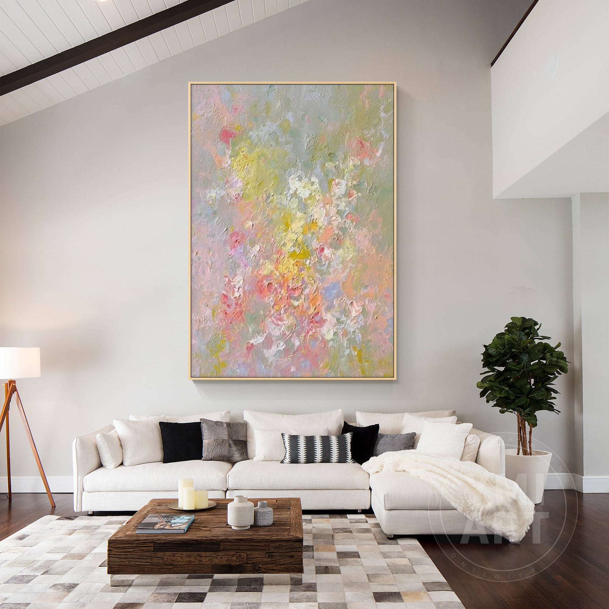 Vertical muted pastel wildflower impasto oil painting, textured soft‑focus abstract spring floral canvas wall art