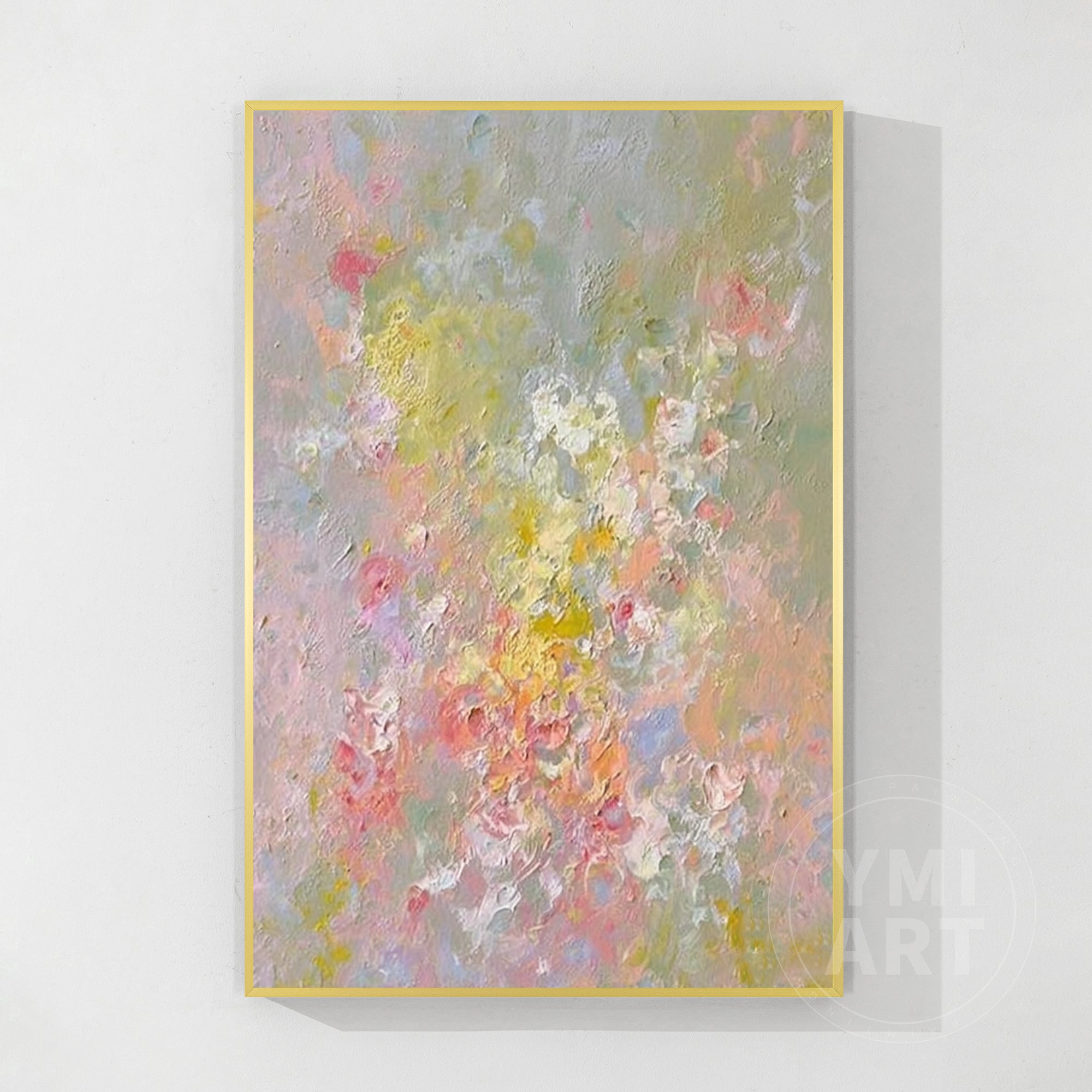 Vertical muted pastel wildflower impasto oil painting, textured soft‑focus abstract spring floral canvas wall art