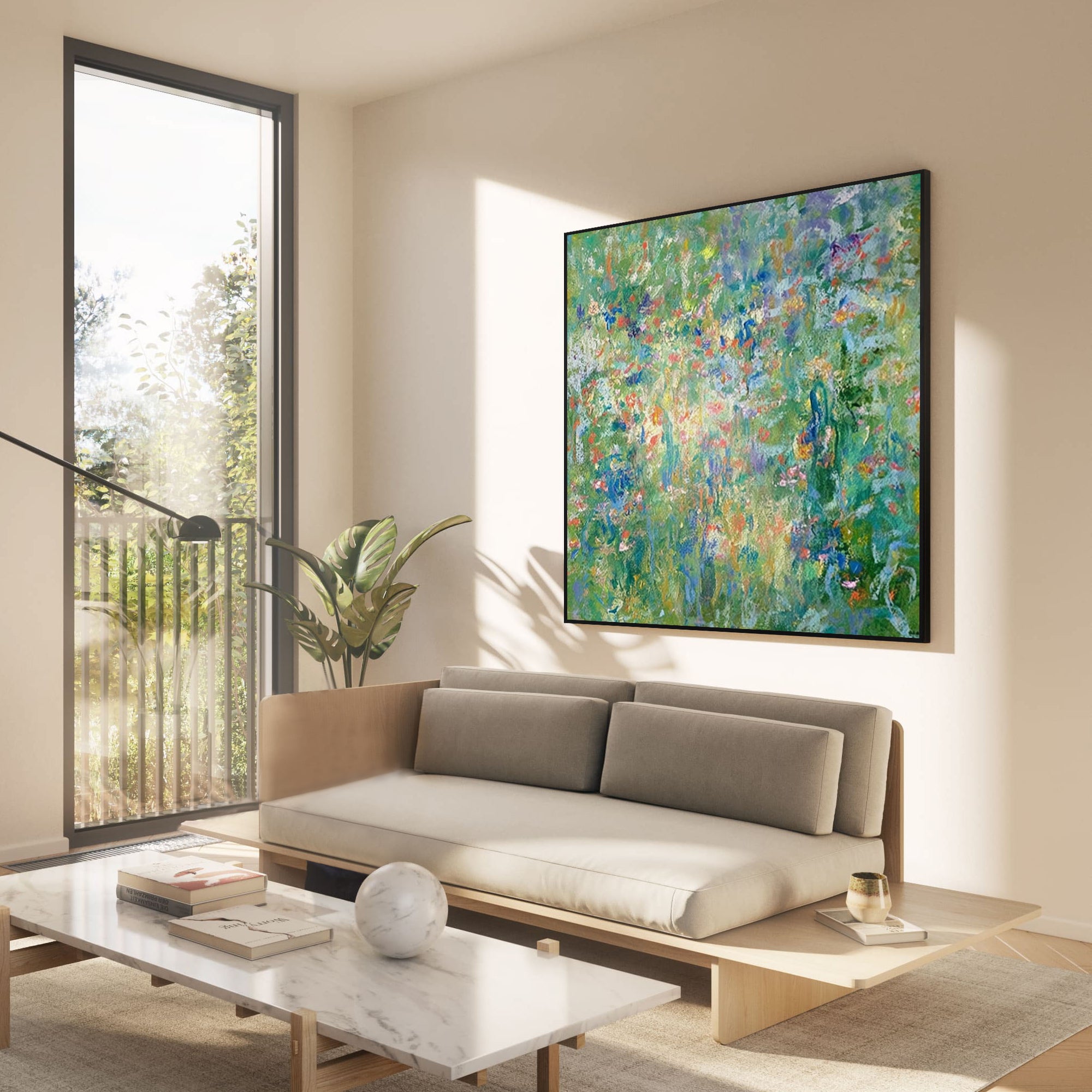 hand painted abstract floral wall art in layered green colors