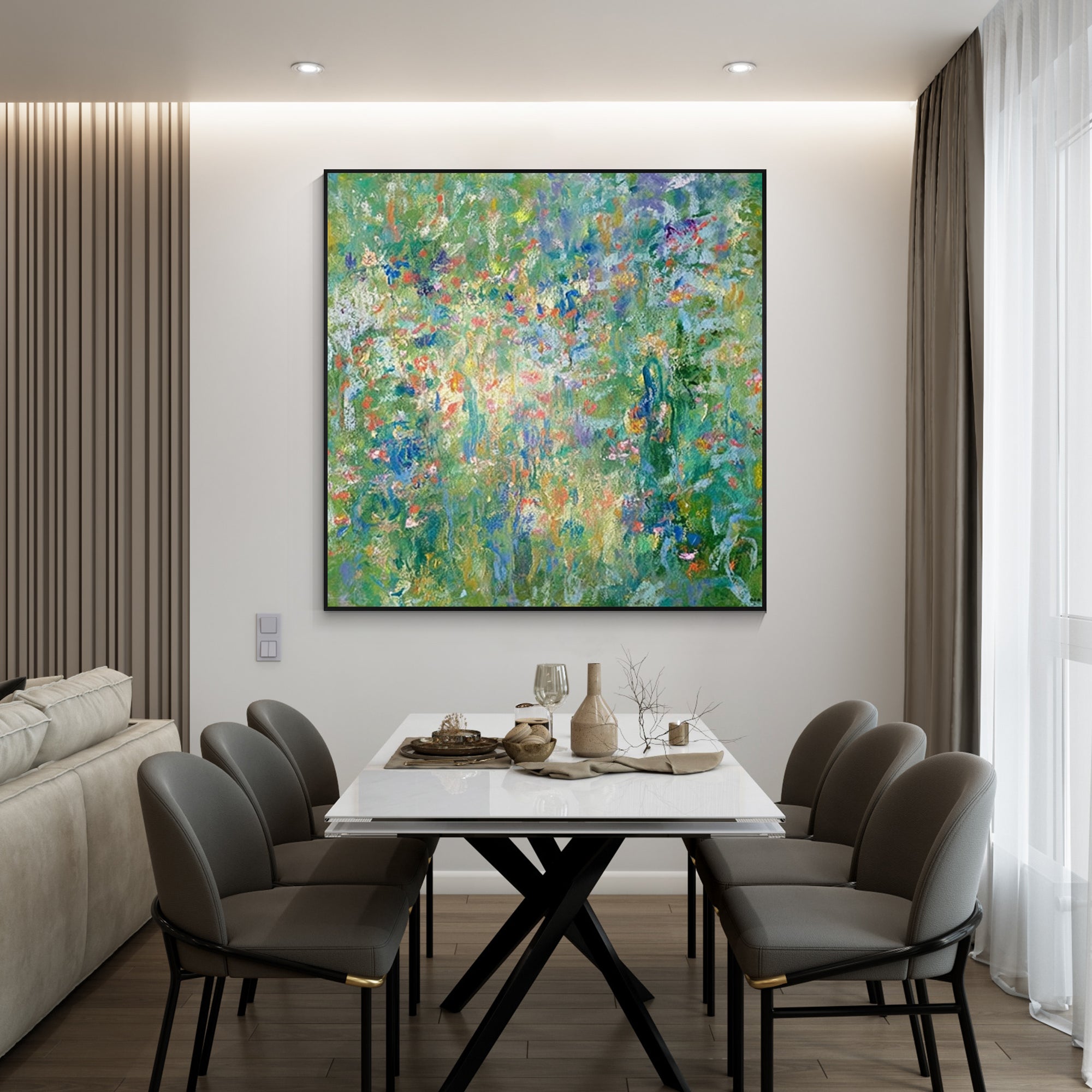 green abstract wall art with hints of pink blue and yellow