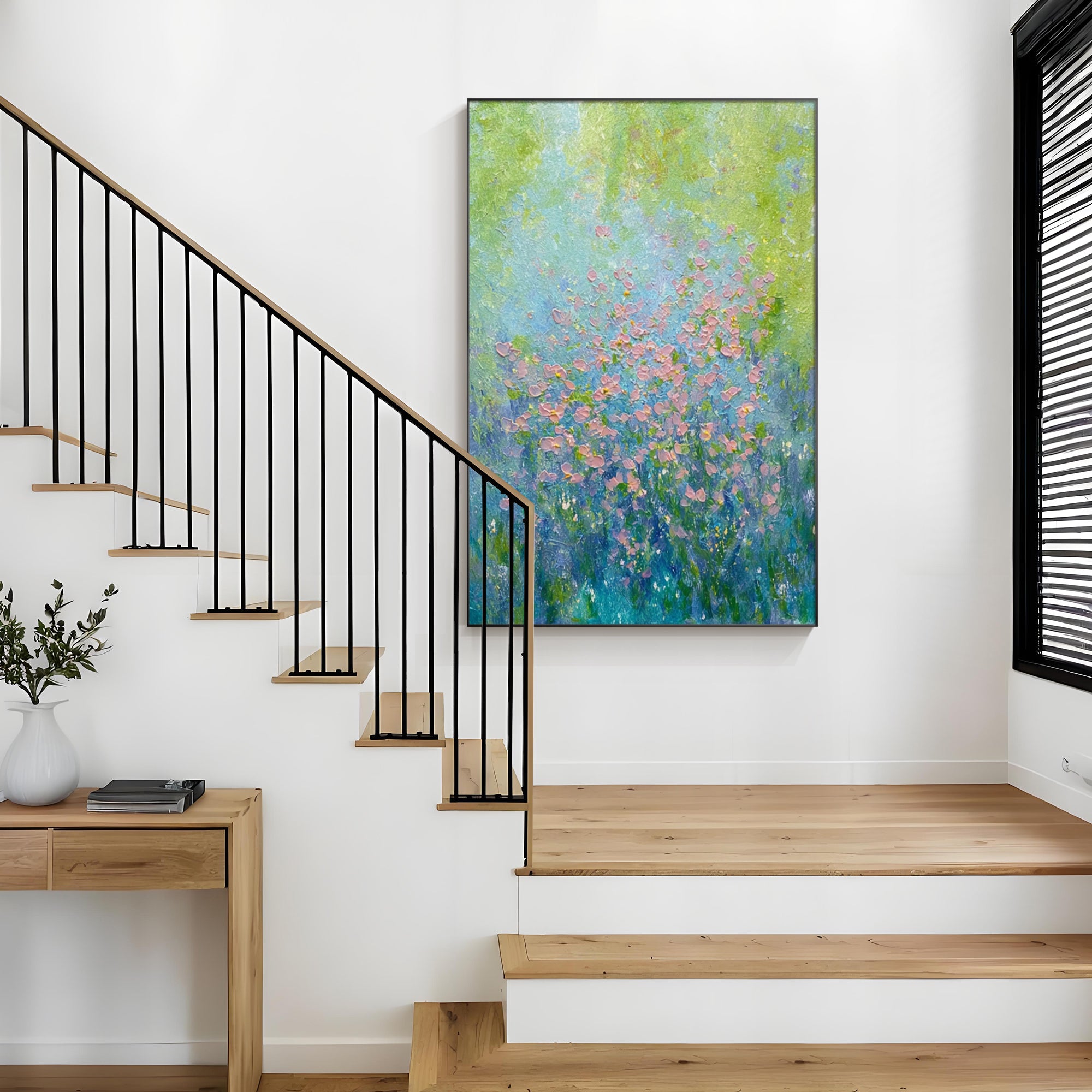 Vertical spring meadow canvas with soft pink wildflowers