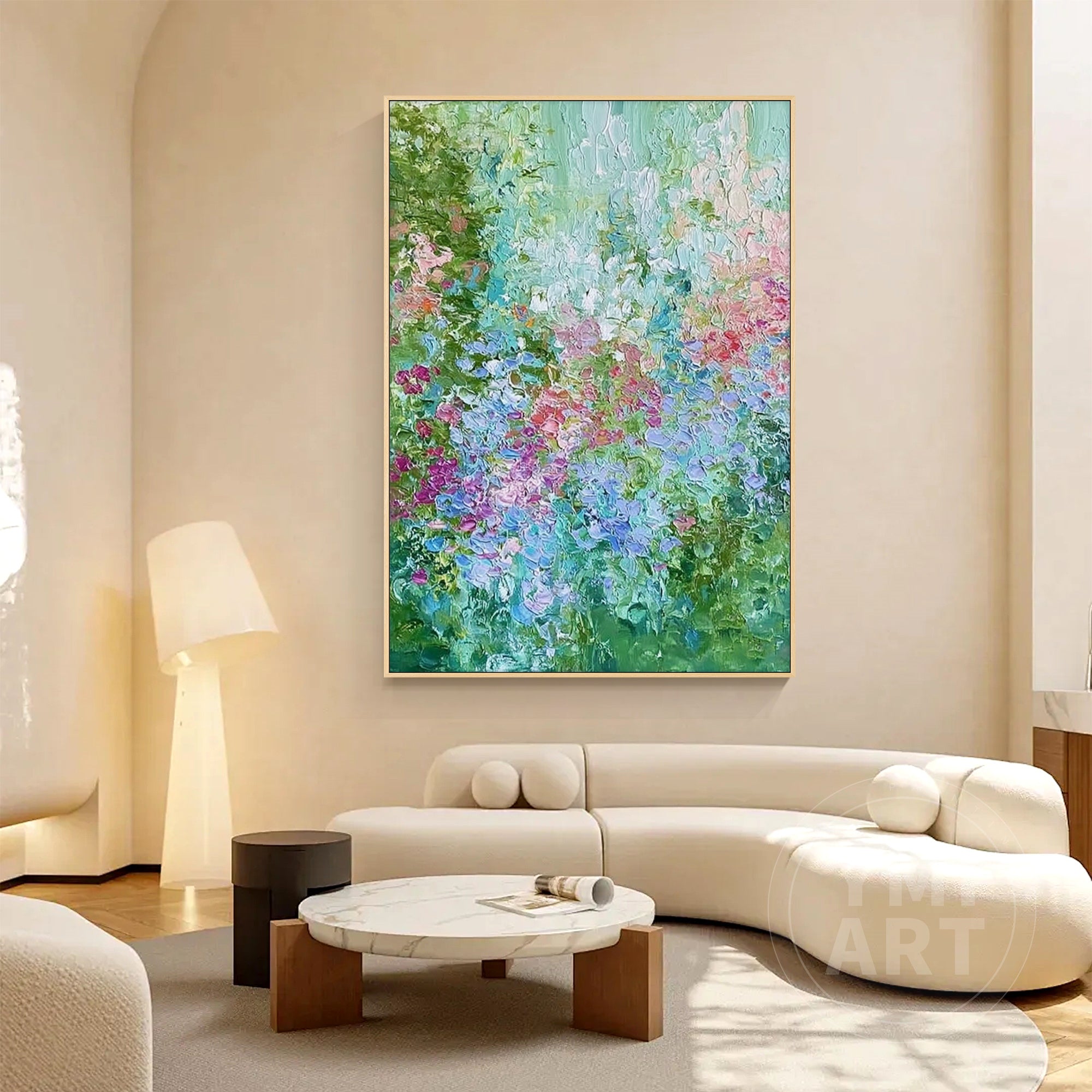 Hand‑painted vertical thick impasto textured abstract hydrangea floral wall art with green blue pink purple garden blooms for boho cottagecore modern home decor