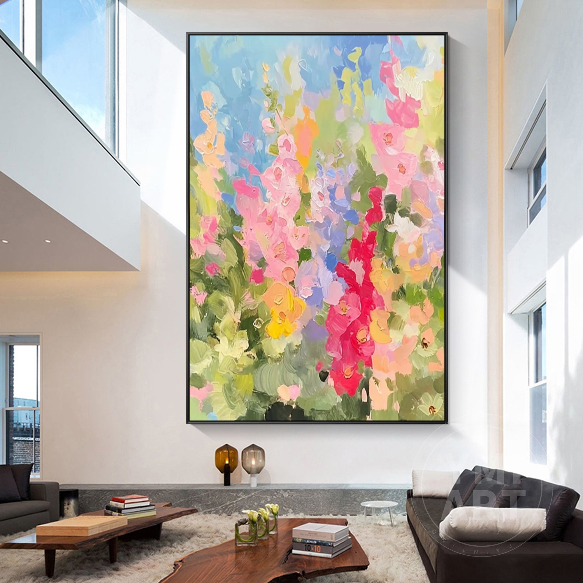 Vertical colorful larkspur wildflower impasto oil painting, textured impressionist summer garden floral canvas wall art
