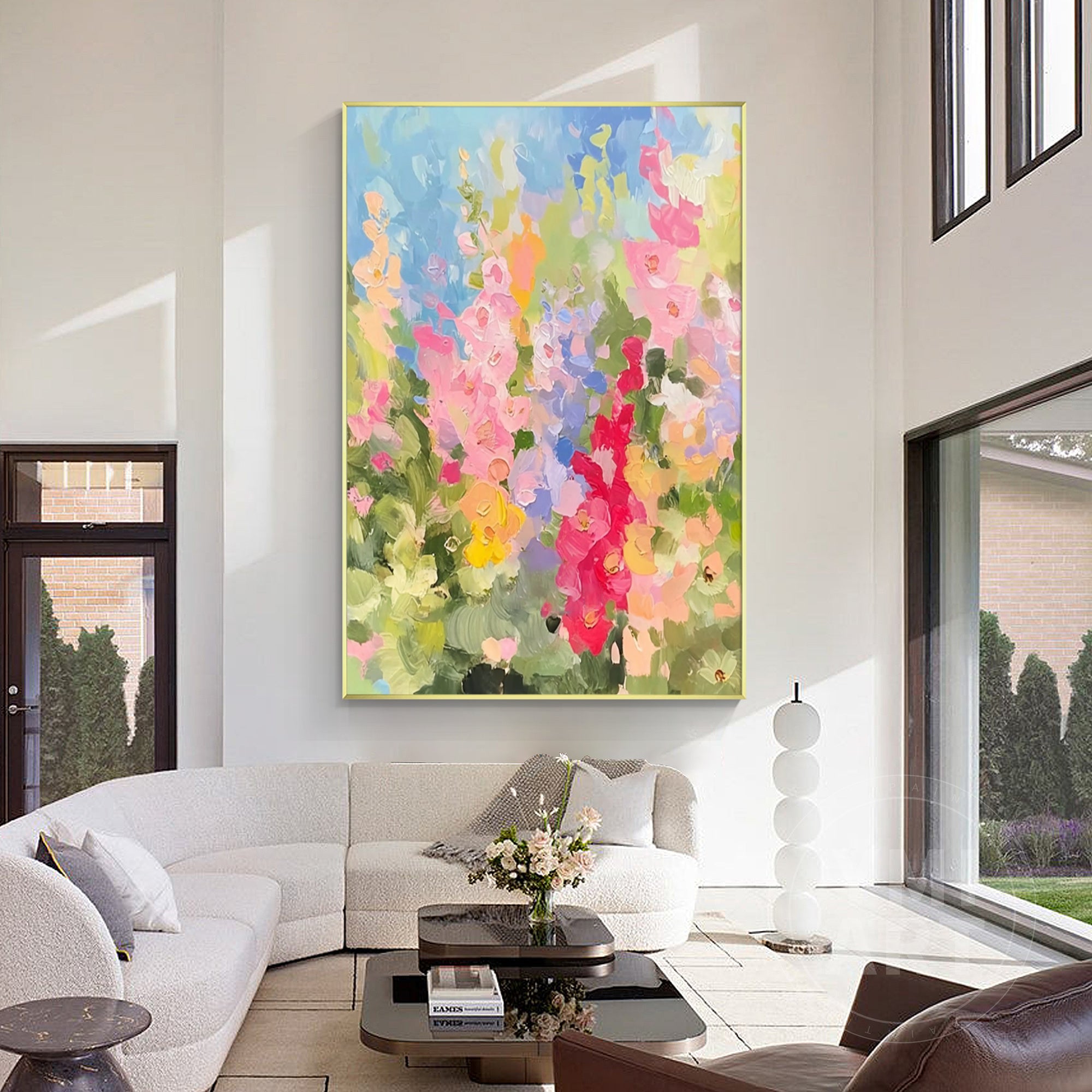 Vertical colorful larkspur wildflower impasto oil painting, textured impressionist summer garden floral canvas wall art