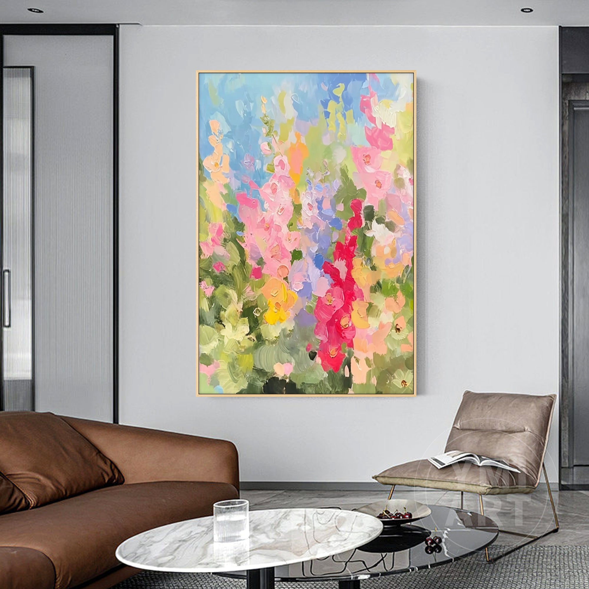Vertical colorful larkspur wildflower impasto oil painting, textured impressionist summer garden floral canvas wall art
