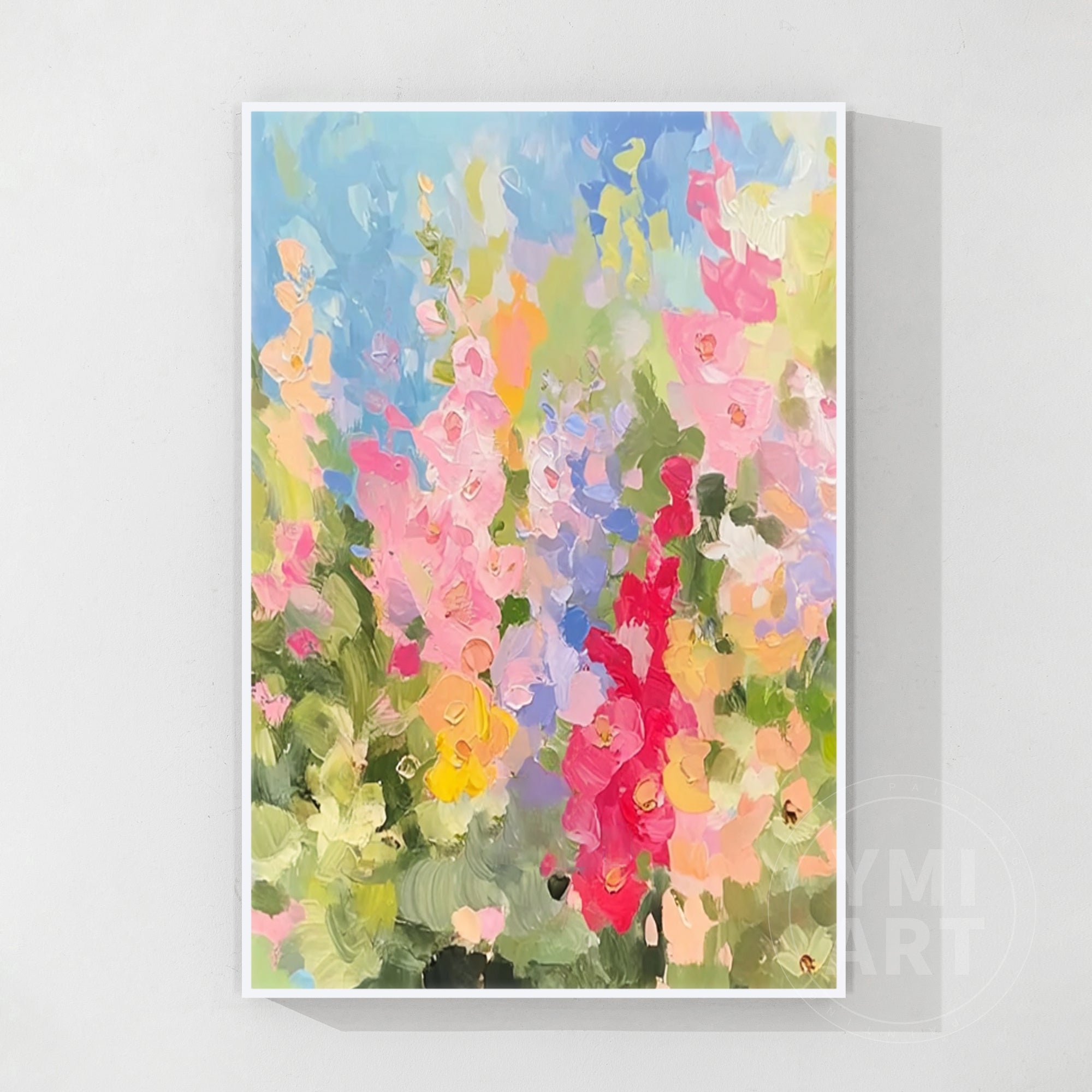 Vertical colorful larkspur wildflower impasto oil painting, textured impressionist summer garden floral canvas wall art