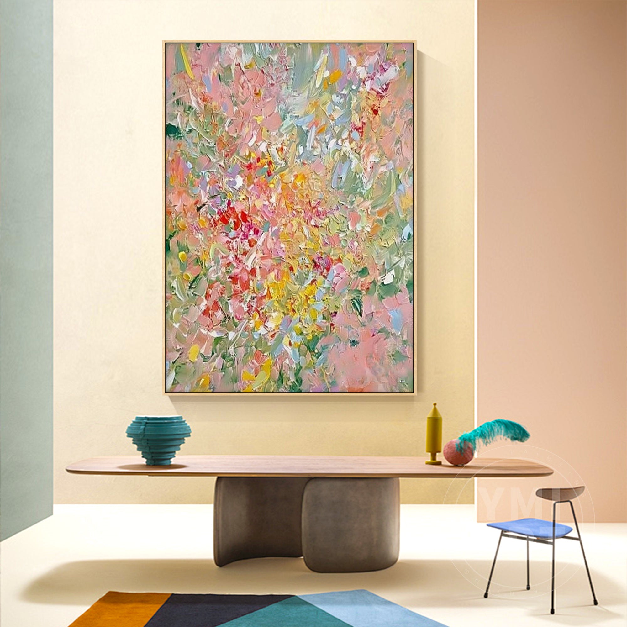 Vertical colorful abstract floral impasto oil painting, textured palette knife spring blossom canvas wall art