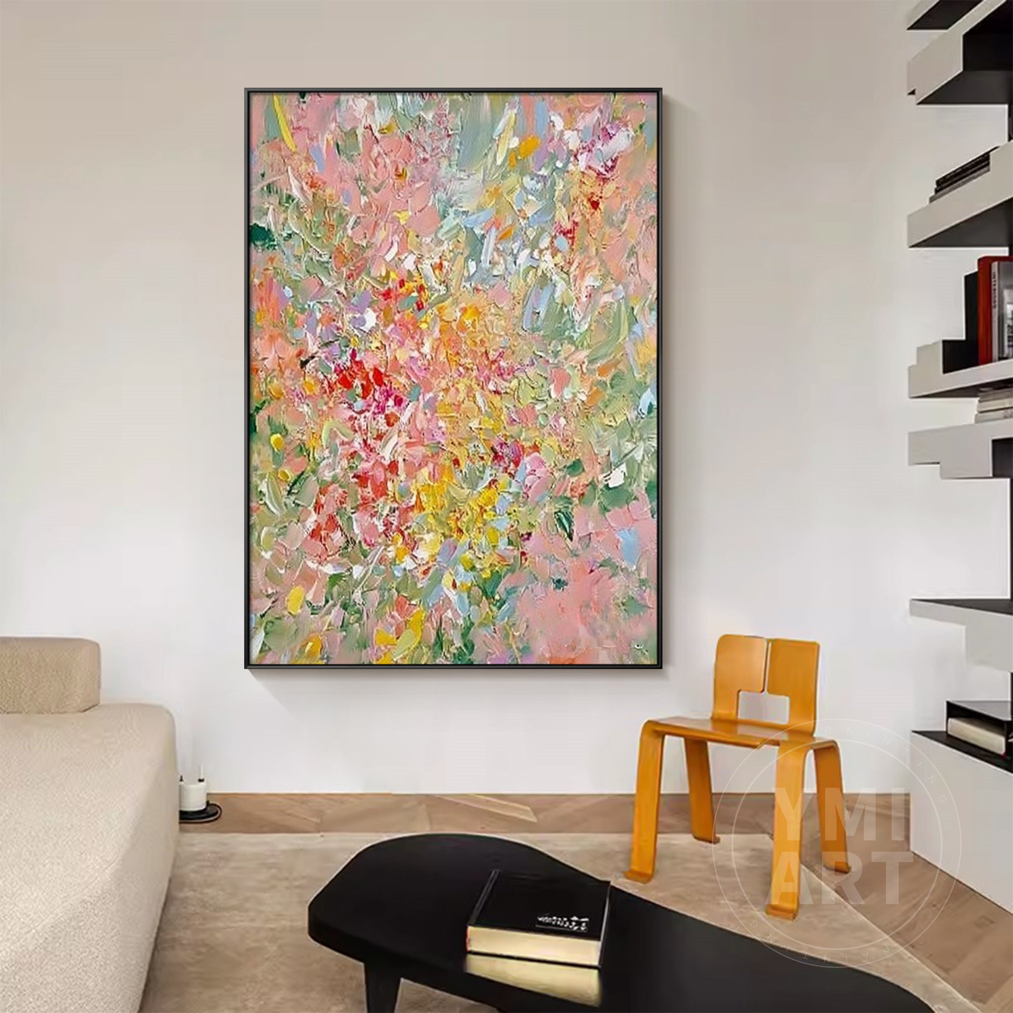 Vertical colorful abstract floral impasto oil painting, textured palette knife spring blossom canvas wall art
