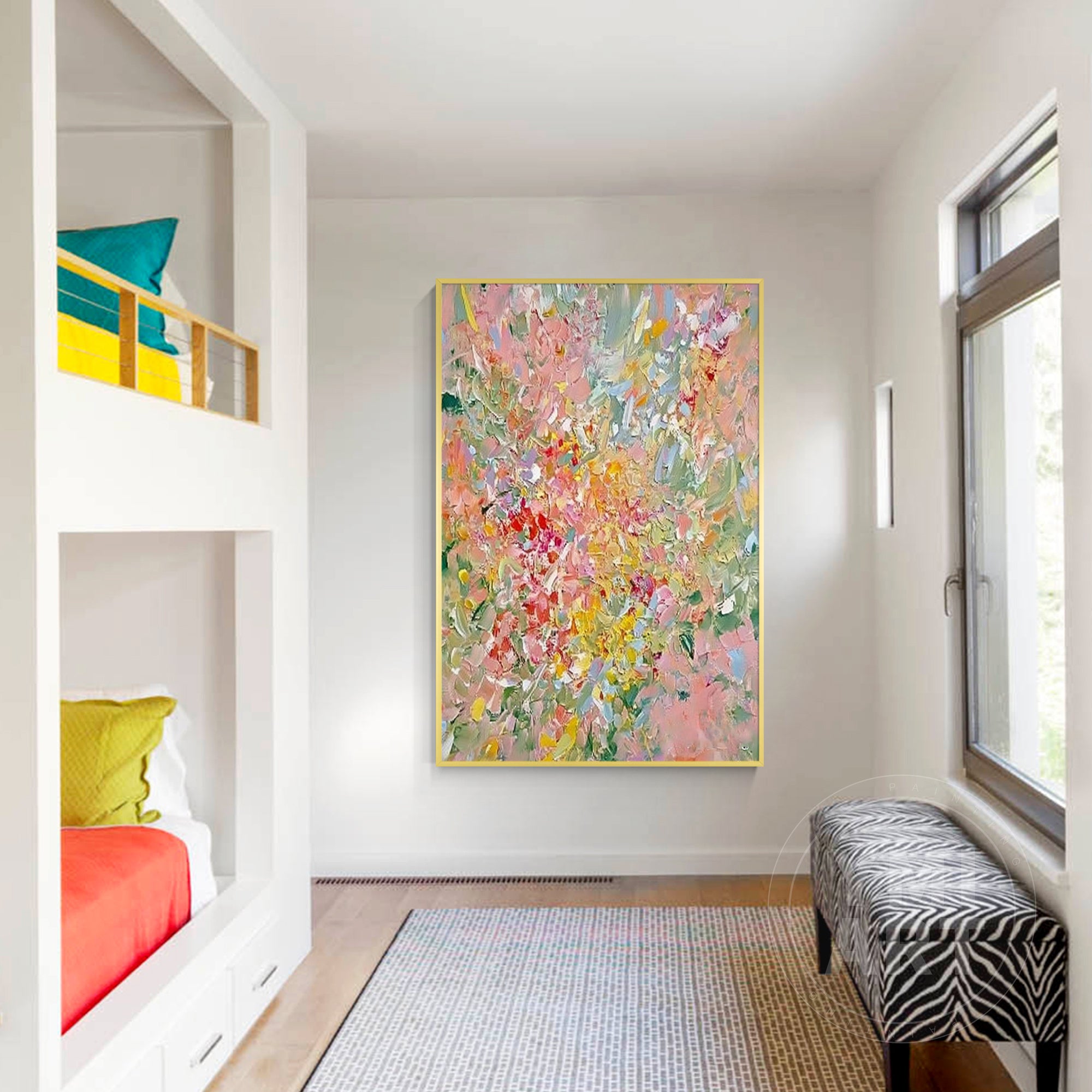 Vertical colorful abstract floral impasto oil painting, textured palette knife spring blossom canvas wall art