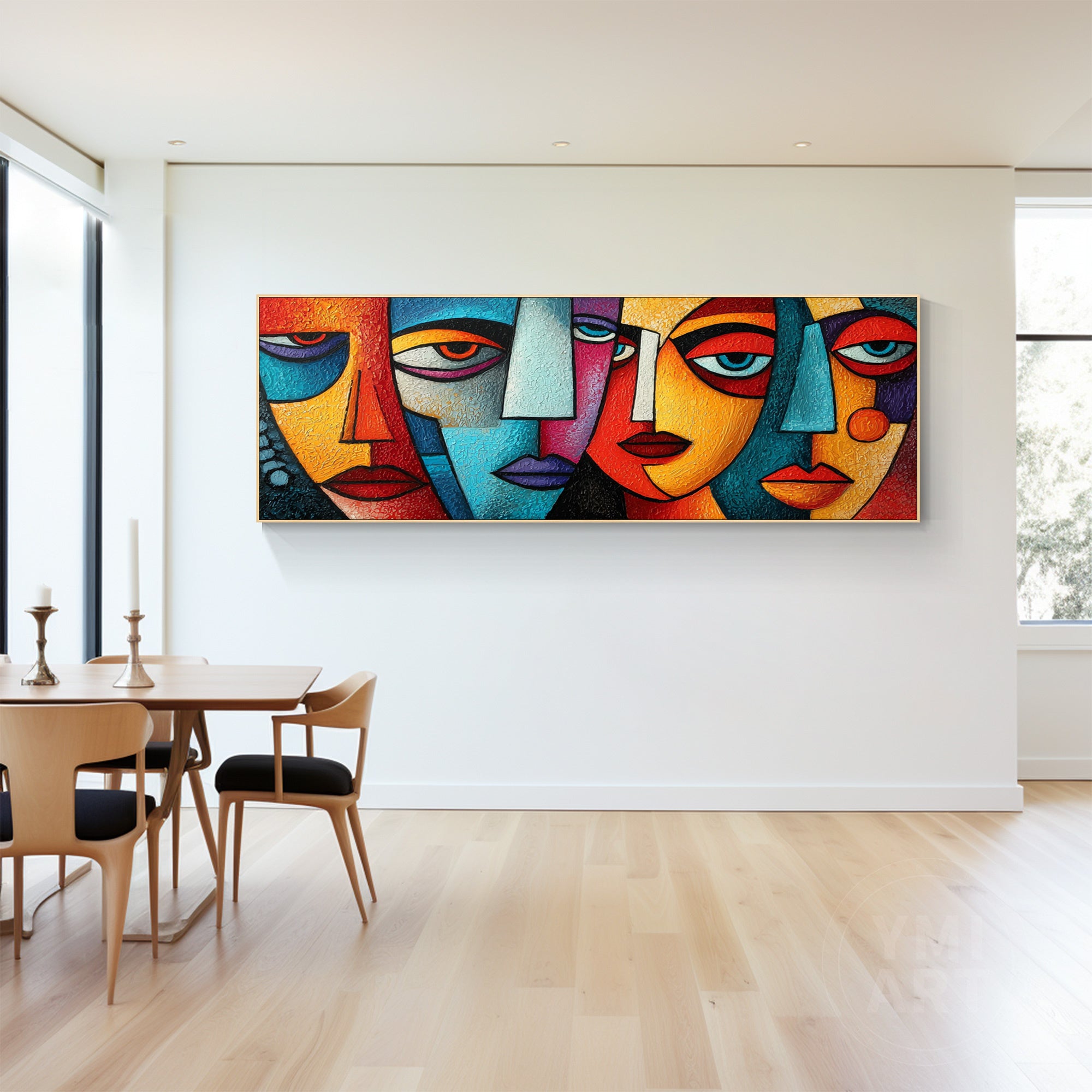 Hand‑painted long horizontal heavy impasto textured cubist geometric abstract face wall art for modern maximalist eclectic home decor