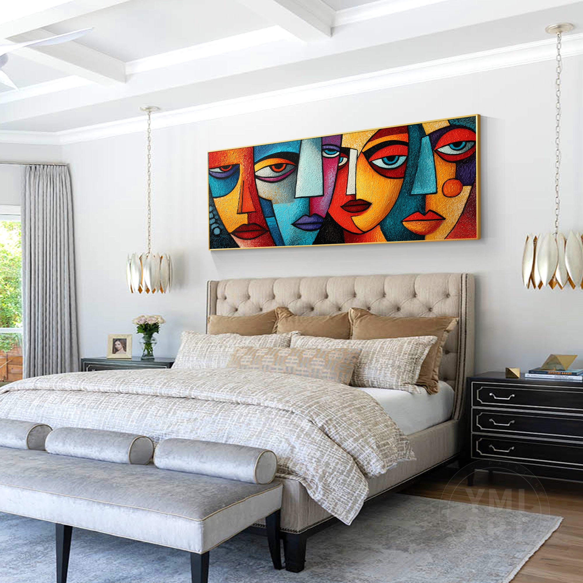 Hand‑painted long horizontal heavy impasto textured cubist geometric abstract face wall art for modern maximalist eclectic home decor