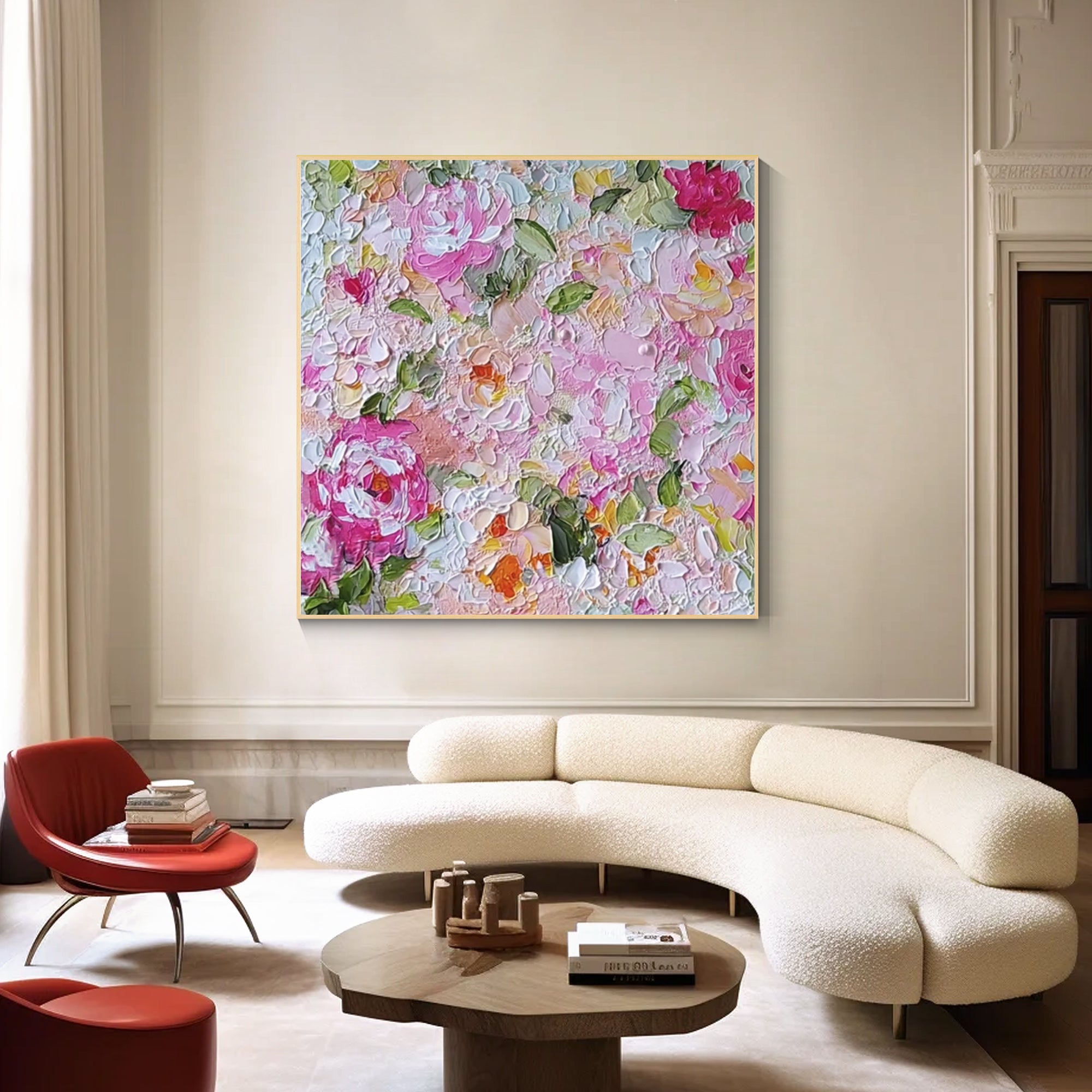 Pink floral wall art above a modern beige sofa.