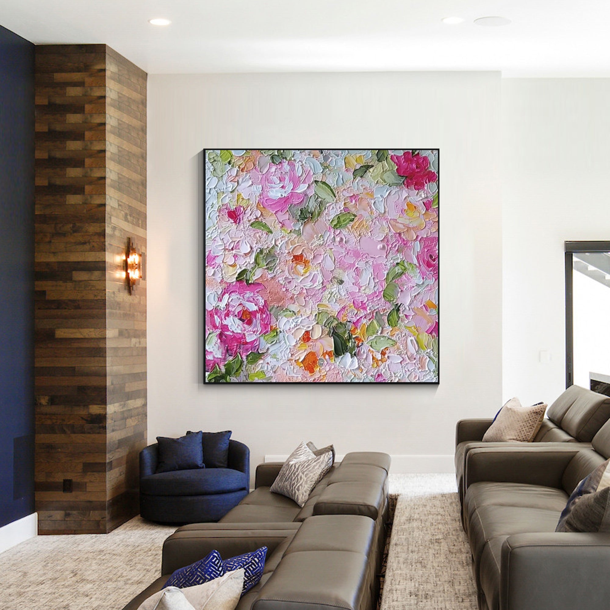 Textured blush flower canvas in a cozy living room.
