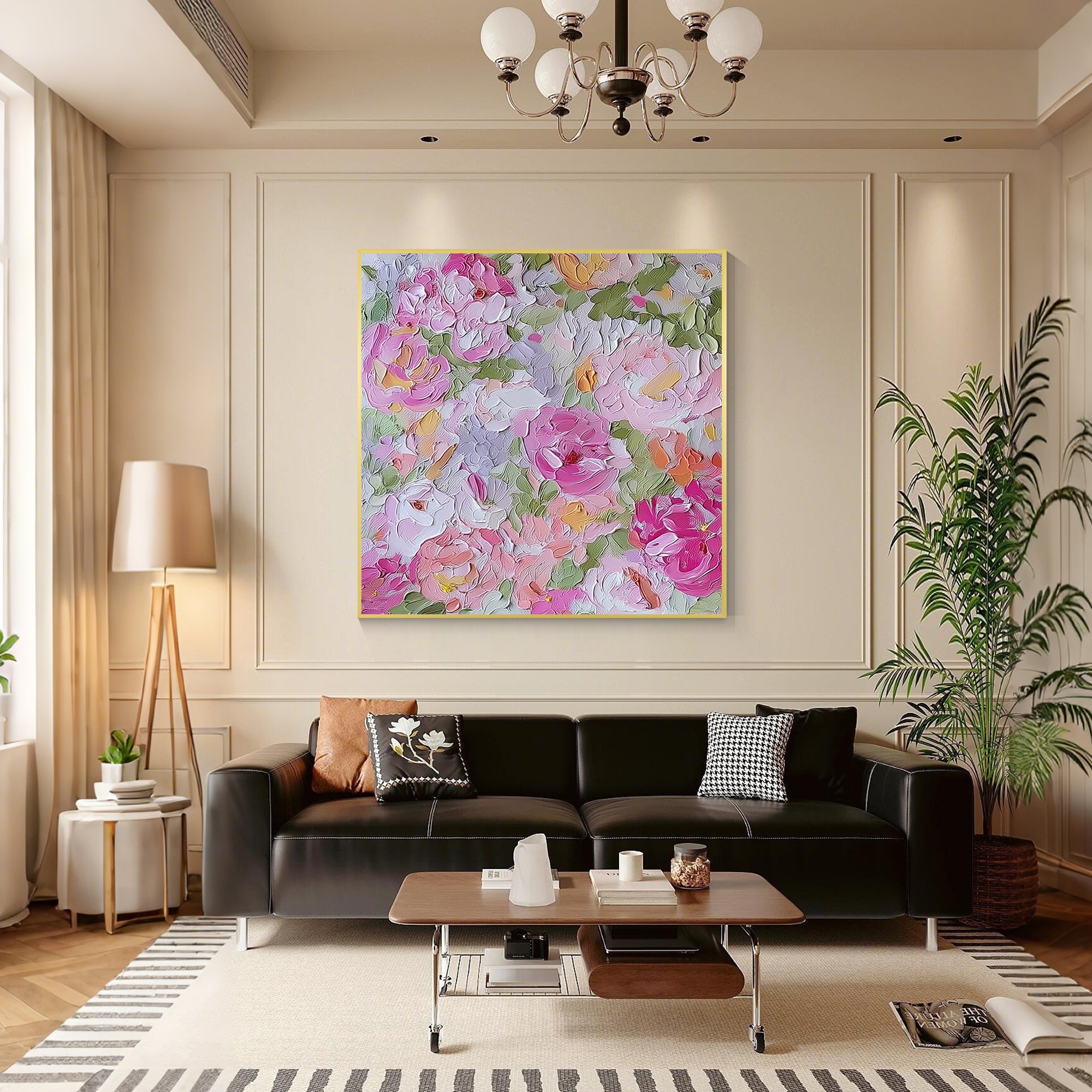Pastel abstract flower canvas adding elegance to a cozy contemporary living room.