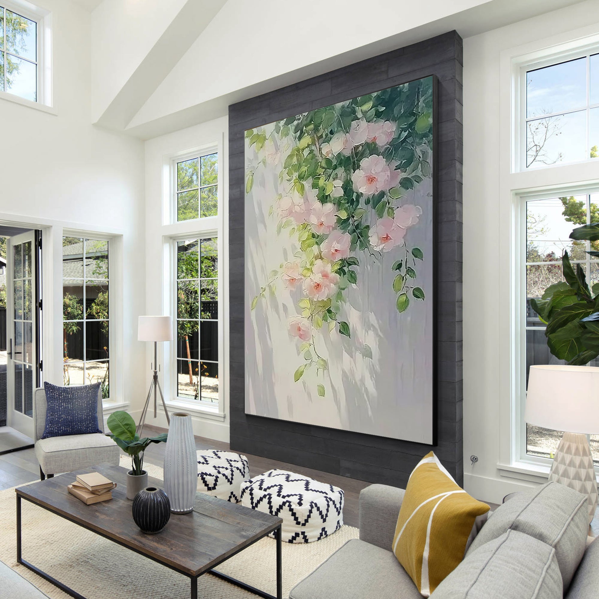 Light airy floral canvas with pink roses and natural shadows