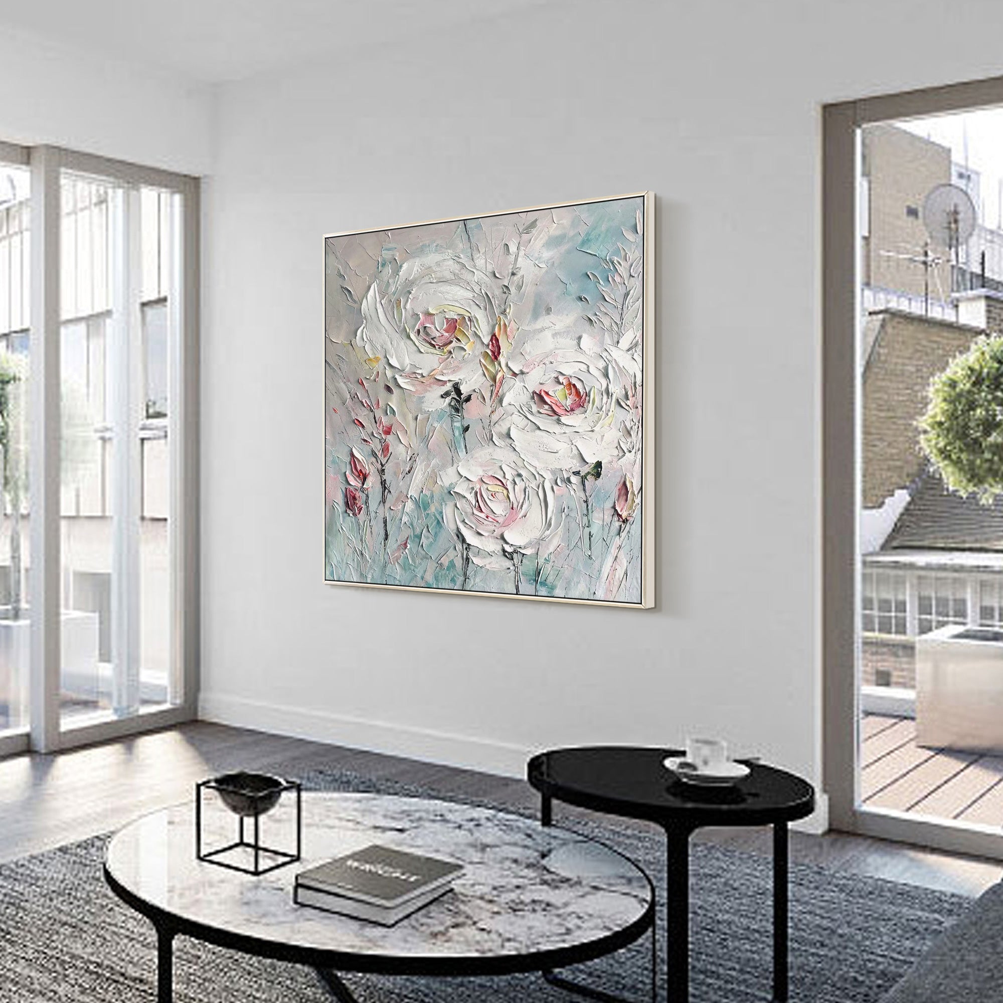Soft neutral floral canvas art with layered textured petals