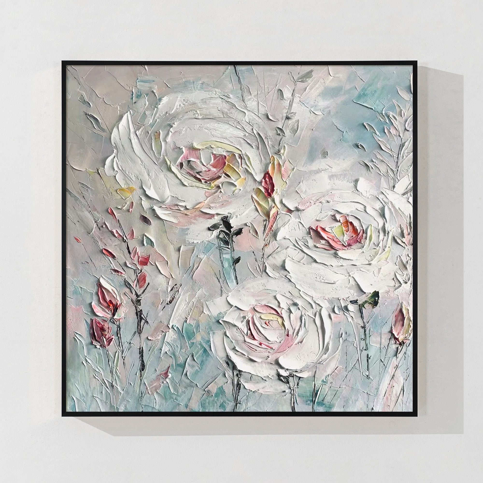 Textured white floral abstract canvas with blush pink rose details