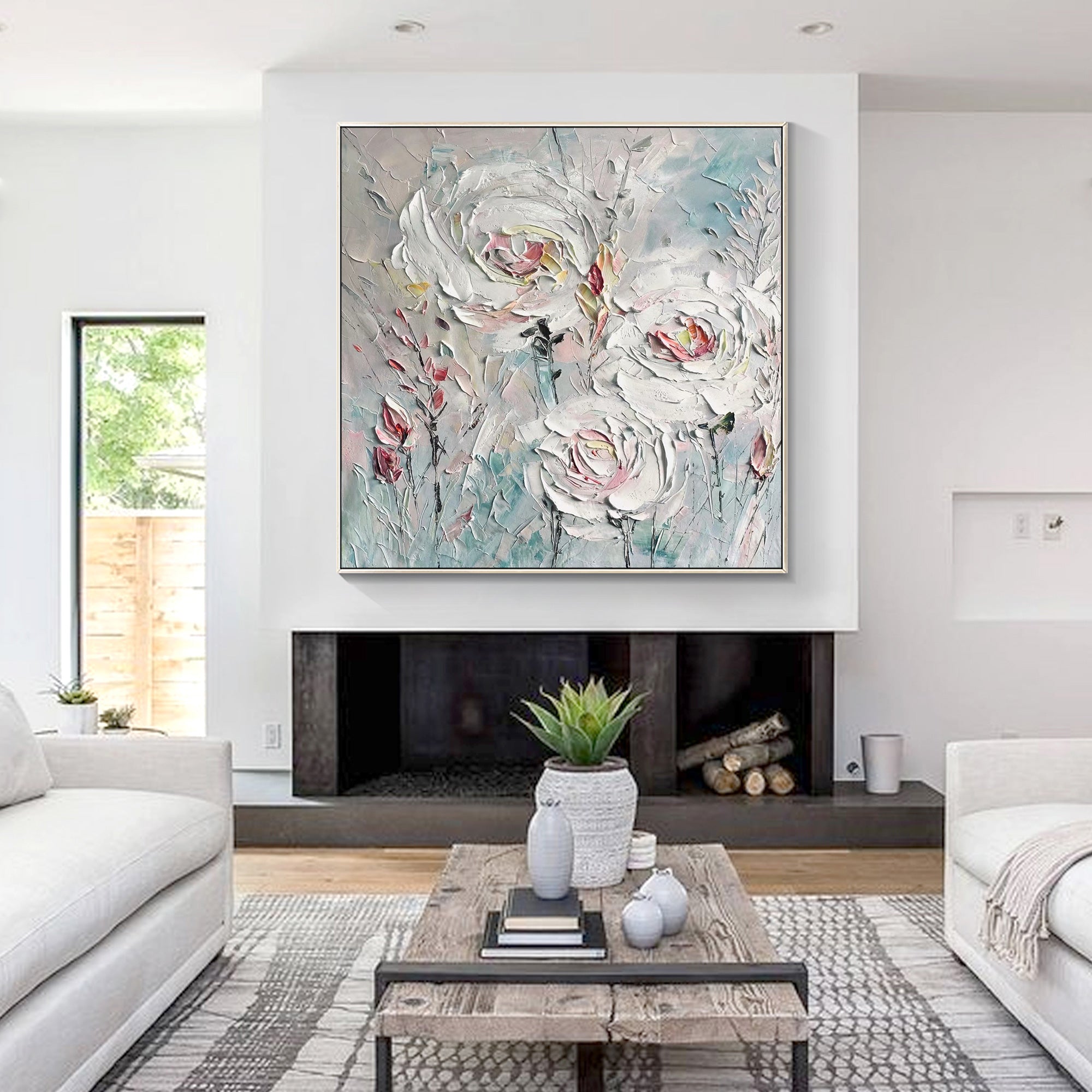 Contemporary romantic flower painting in blush and ivory tones