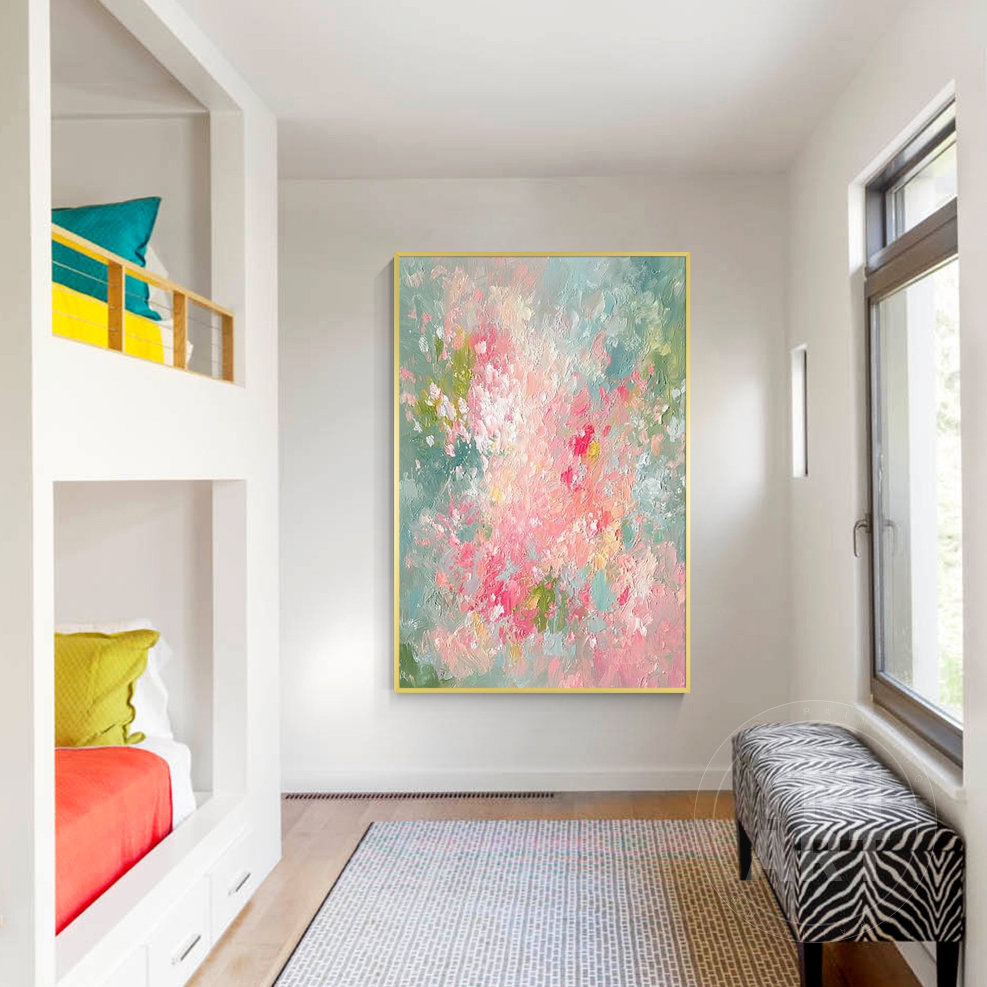 Hand‑painted vertical thick impasto textured abstract floral wall art with pink green garden blooms and gold frame for boho cottagecore modern romantic home decor