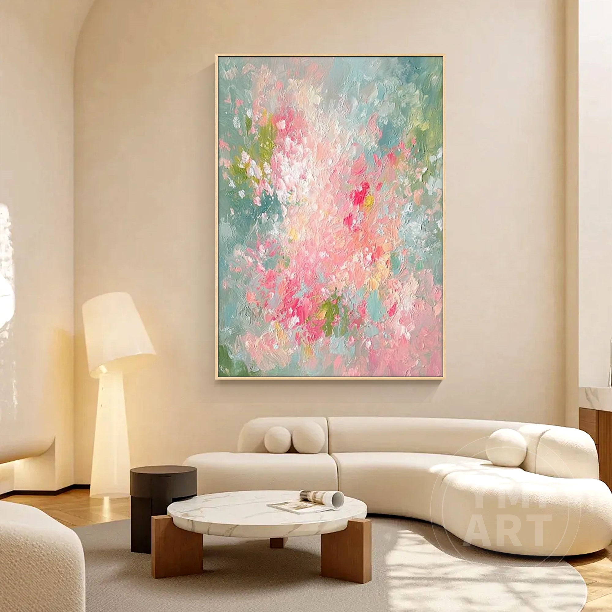 Hand‑painted vertical thick impasto textured abstract floral wall art with pink green garden blooms and gold frame for boho cottagecore modern romantic home decor
