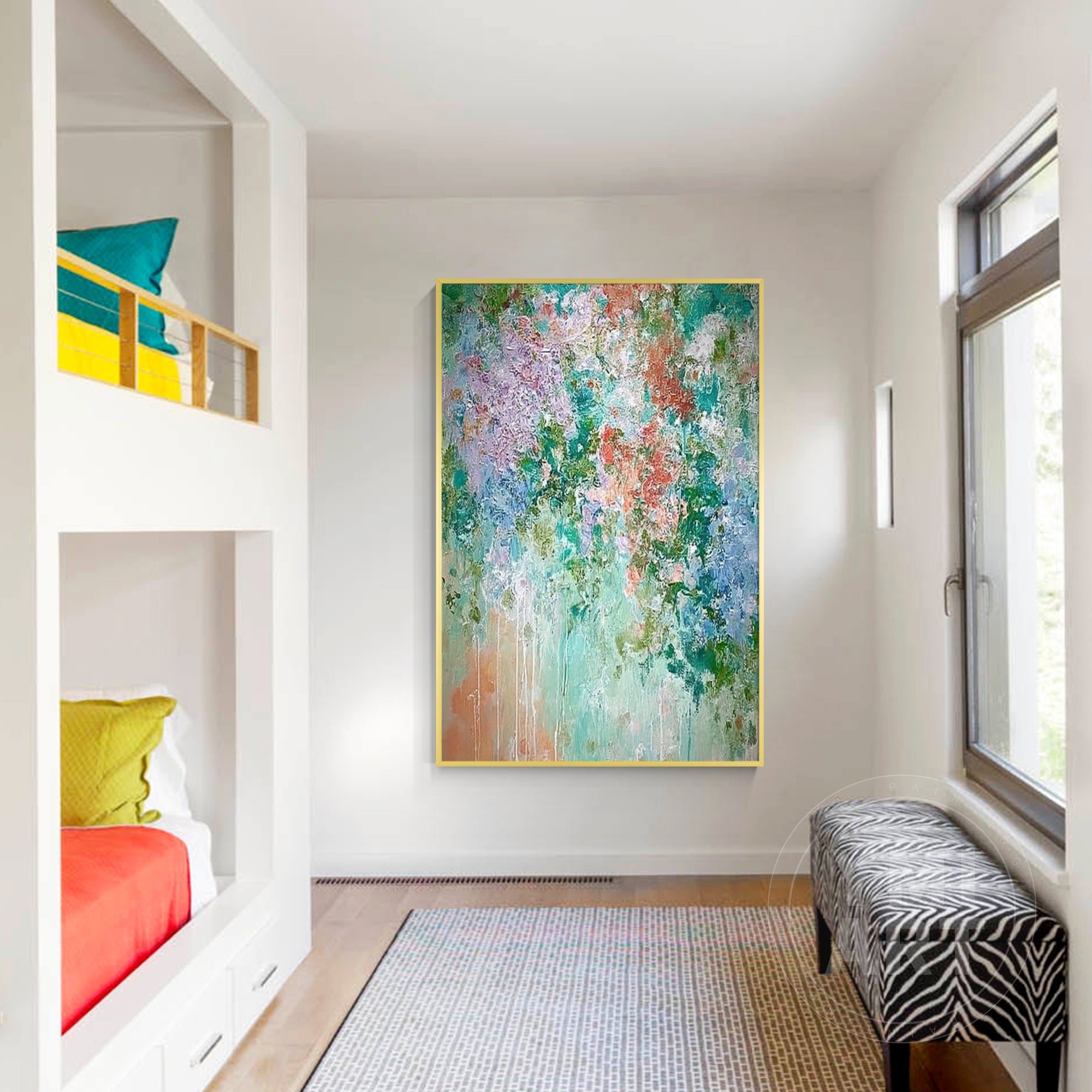 Hand‑painted vertical drip‑style impasto textured abstract floral wall art with teal purple orange garden blooms for boho cottagecore maximalist modern home decor