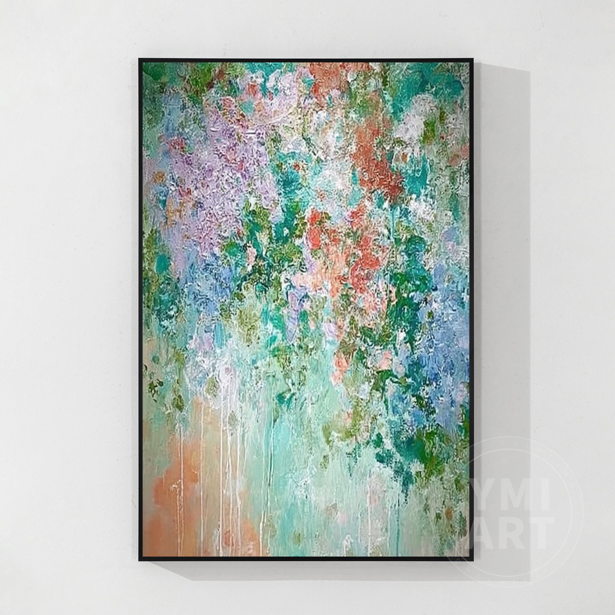 Hand‑painted vertical drip‑style impasto textured abstract floral wall art with teal purple orange garden blooms for boho cottagecore maximalist modern home decor