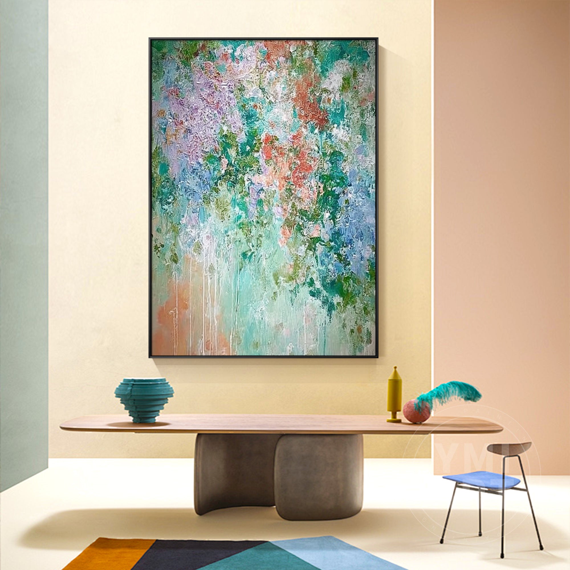Hand‑painted vertical drip‑style impasto textured abstract floral wall art with teal purple orange garden blooms for boho cottagecore maximalist modern home decor