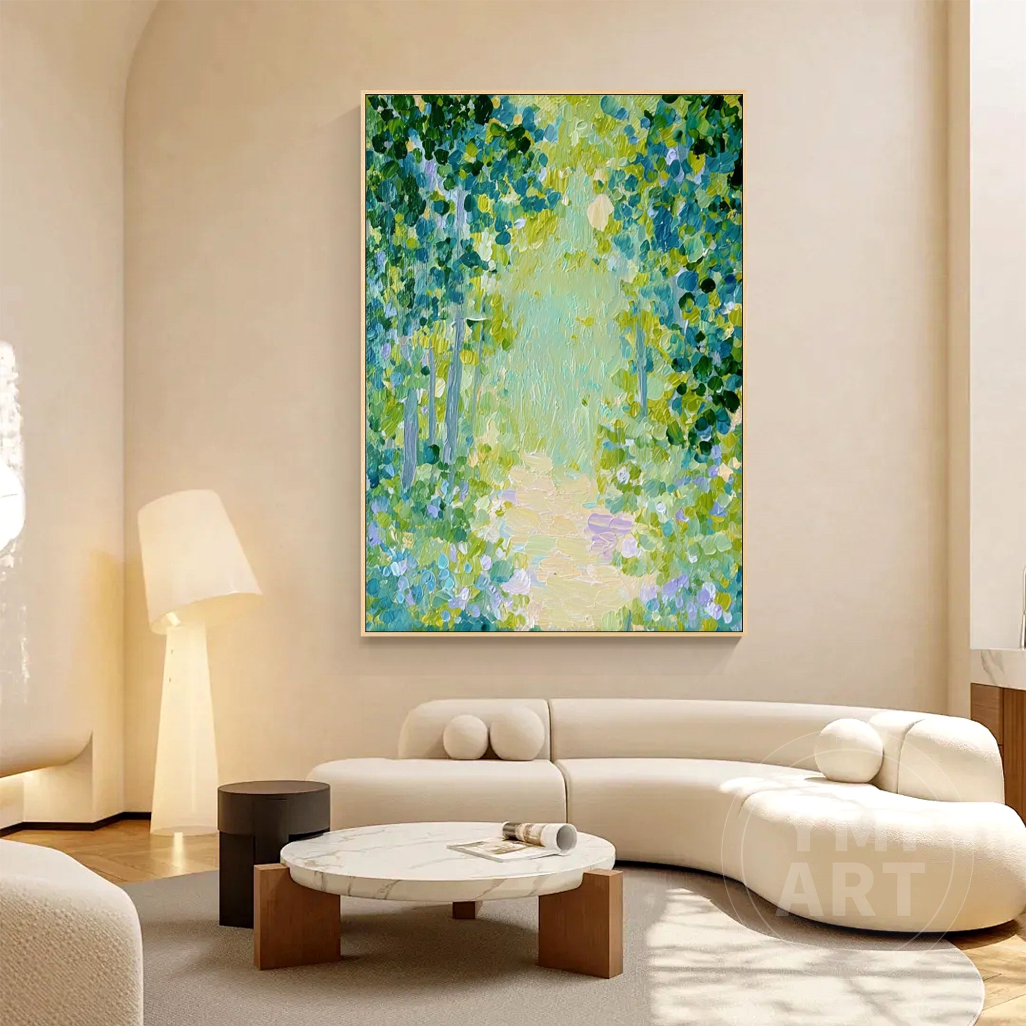 Hand‑painted vertical thick impasto textured abstract forest path wall art with sun‑dappled green trees for boho cottagecore japandi modern nature‑inspired home decor