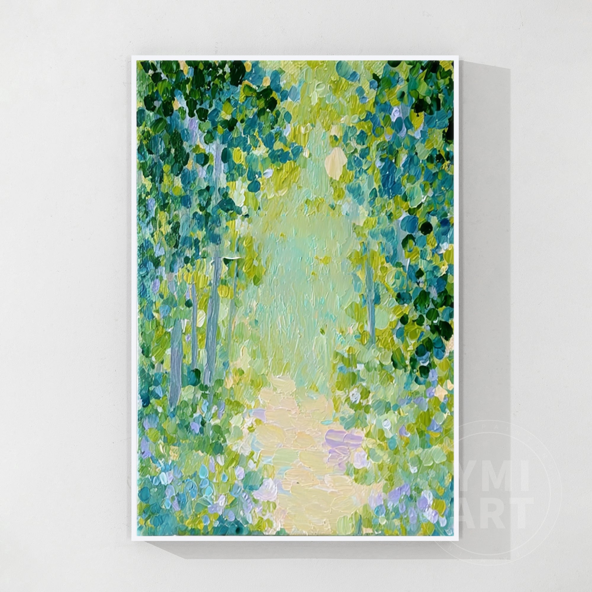 Hand‑painted vertical thick impasto textured abstract forest path wall art with sun‑dappled green trees for boho cottagecore japandi modern nature‑inspired home decor