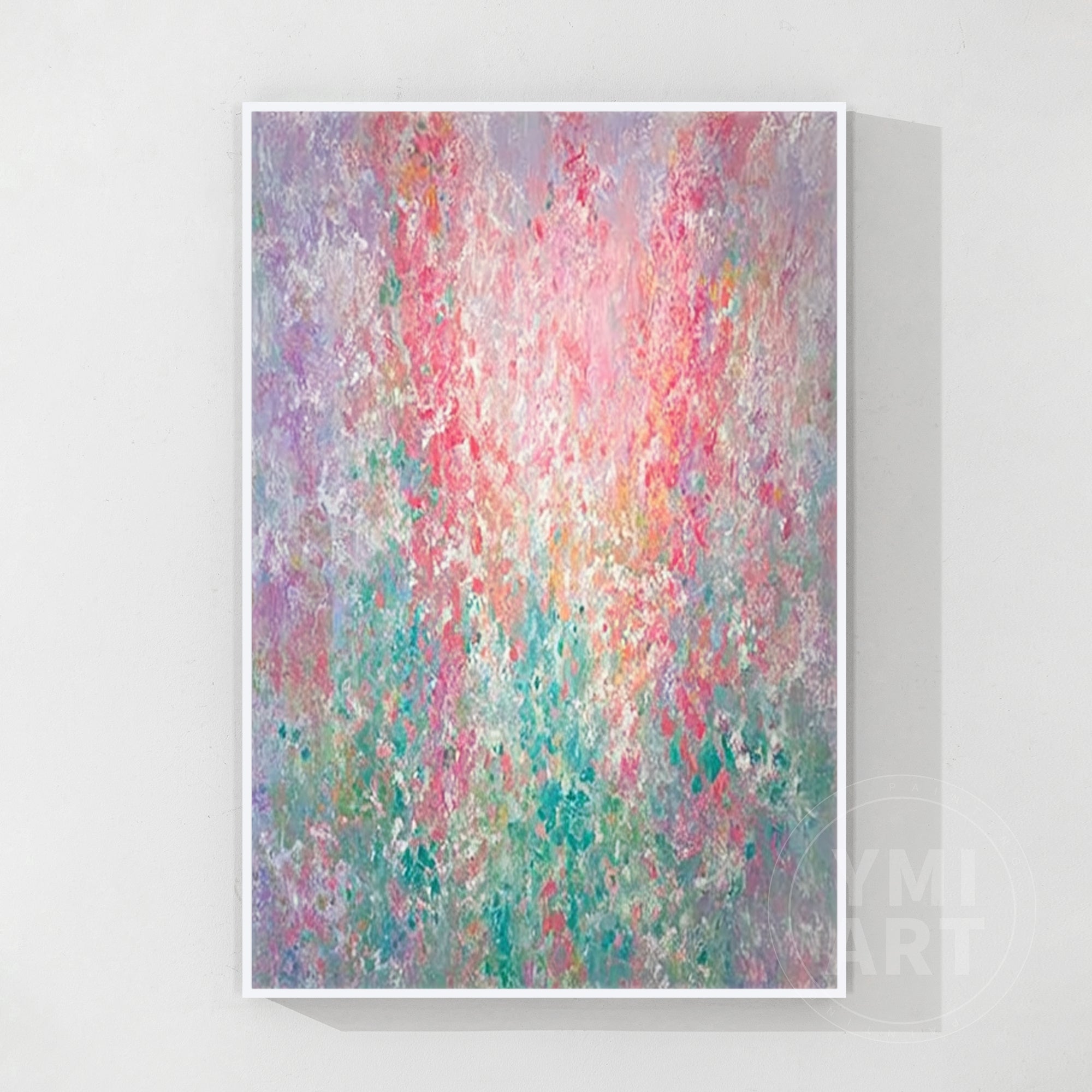 Hand‑painted vertical Monet‑style pointillism abstract floral impasto wall art with pastel pink purple teal blooms and gold frame for boho cottagecore luxury home decor