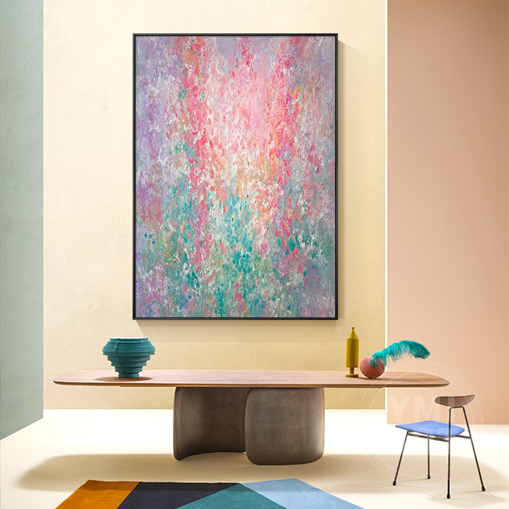 Hand‑painted vertical Monet‑style pointillism abstract floral impasto wall art with pastel pink purple teal blooms and gold frame for boho cottagecore luxury home decor