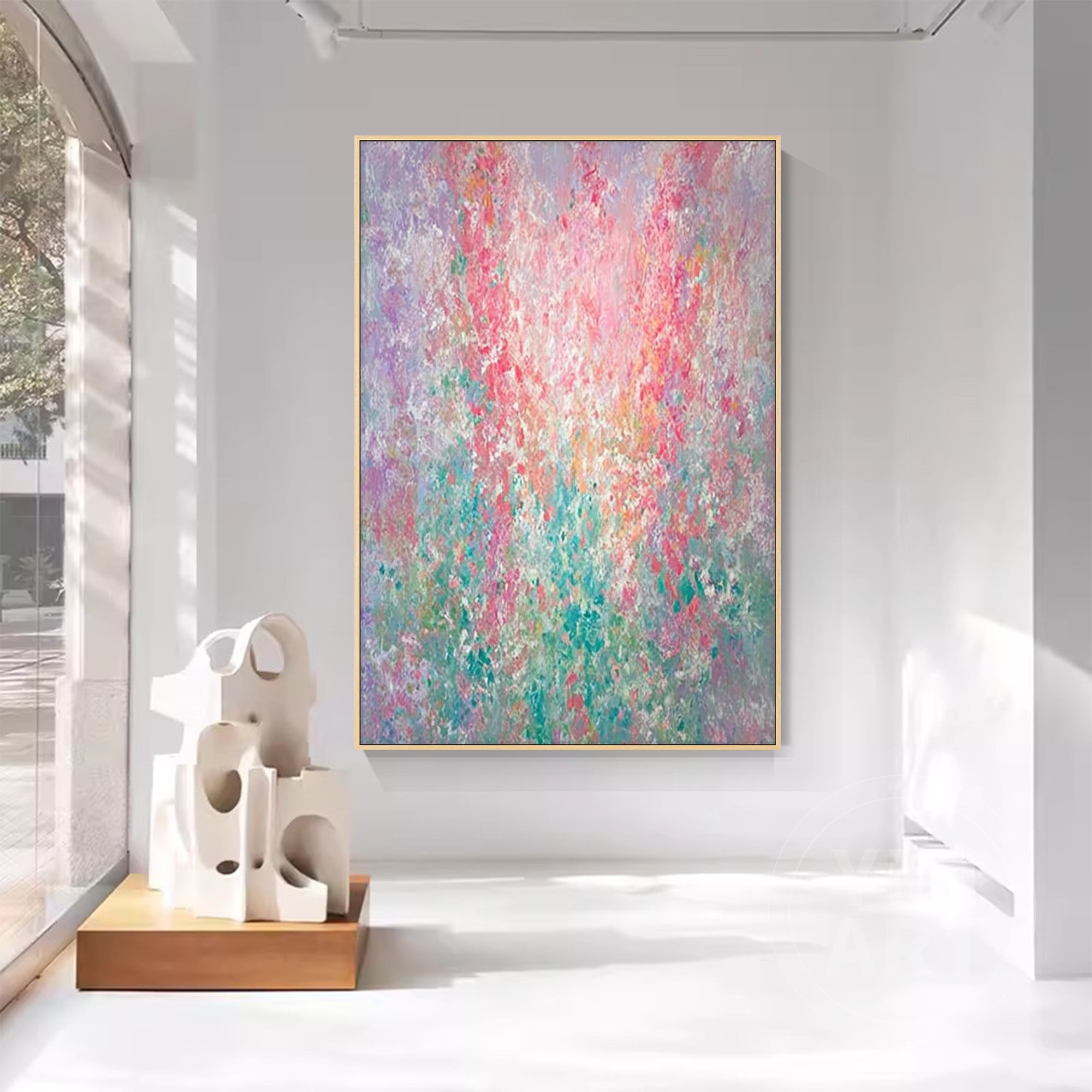Hand‑painted vertical Monet‑style pointillism abstract floral impasto wall art with pastel pink purple teal blooms and gold frame for boho cottagecore luxury home decor