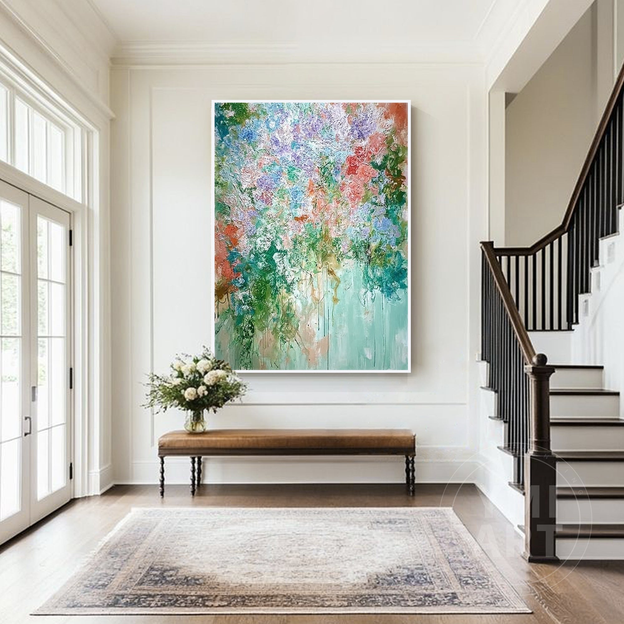Vertical textured impasto cascading floral oil painting, colorful dripping paint abstract flower canvas wall art