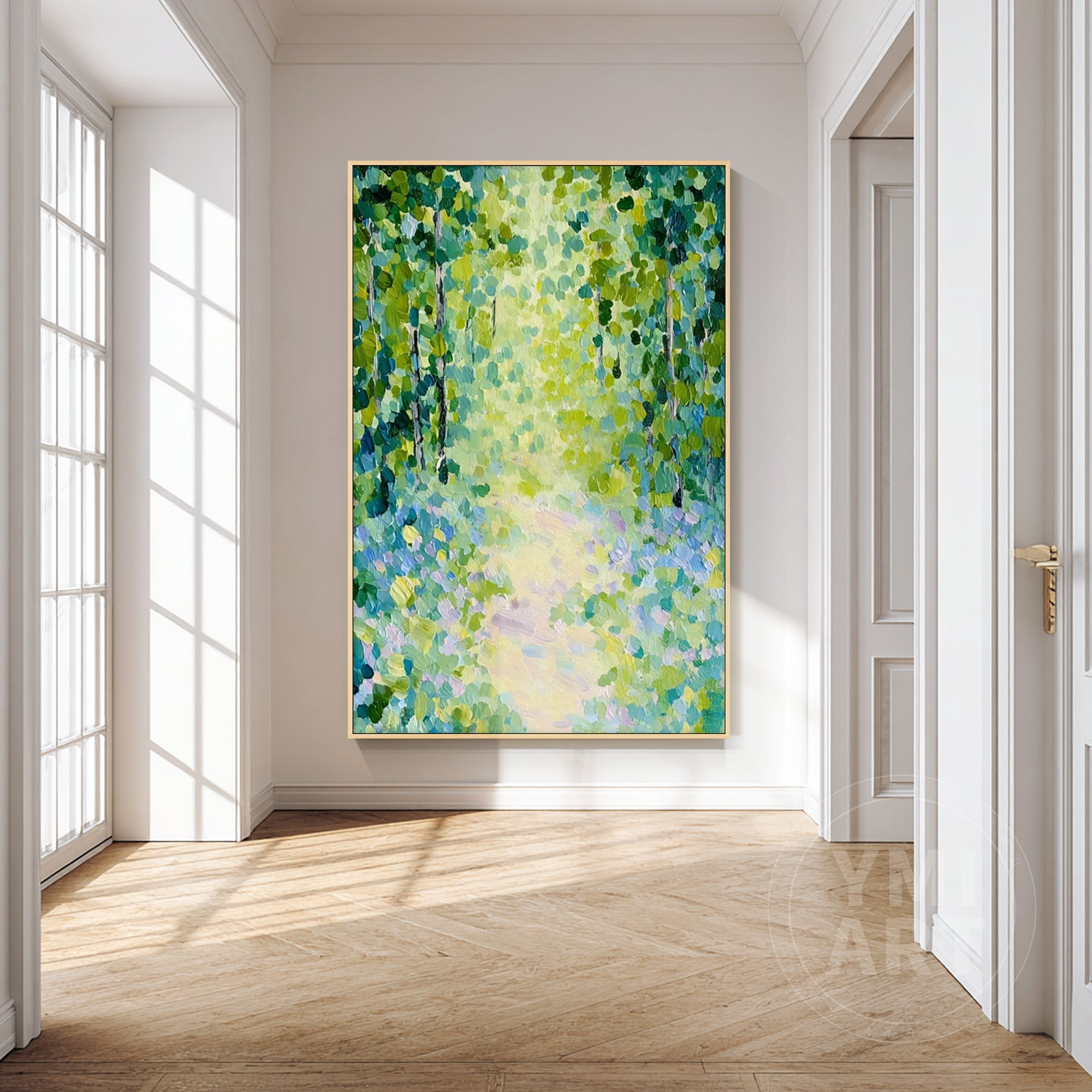 Vertical impasto forest path oil painting, textured impressionist green woodland trail canvas wall art