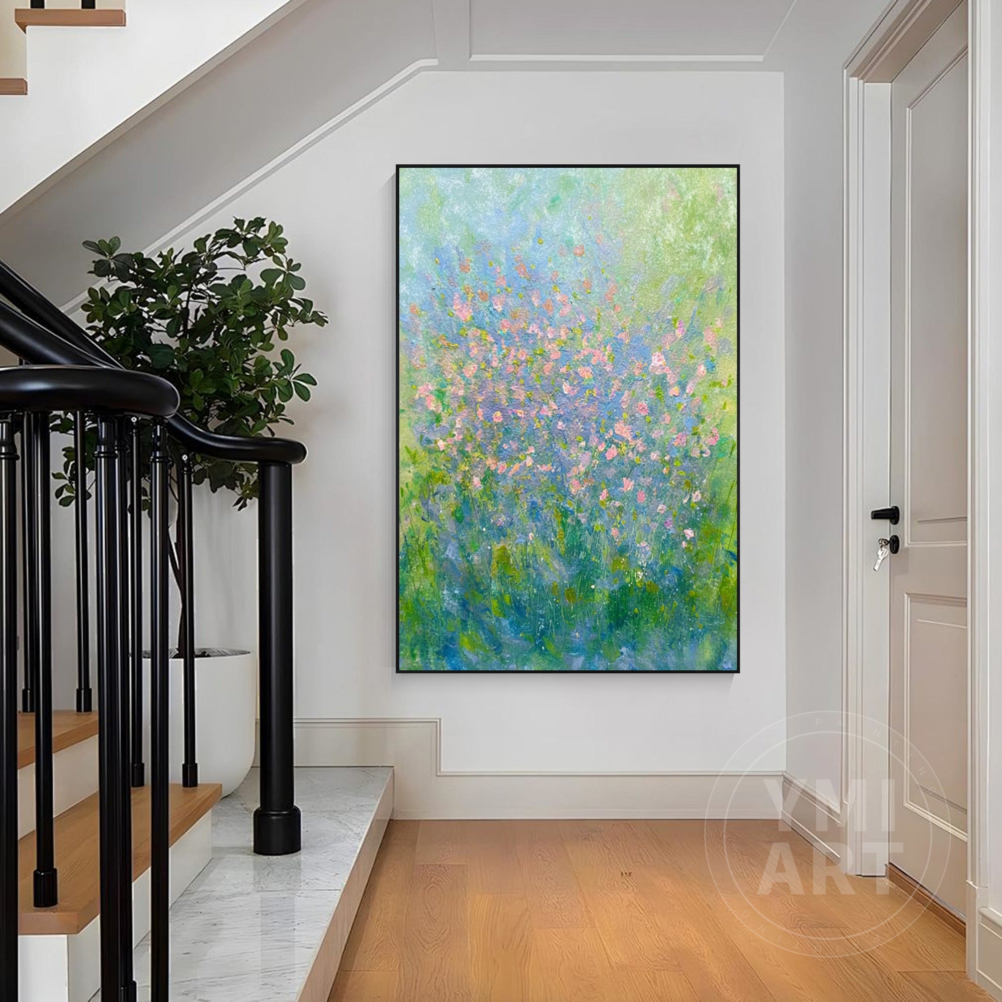 Abstract wildflower painting with blue and green background and soft pink blossoms, impressionist floral garden canvas with textured brushstrokes, vertical nature wall art