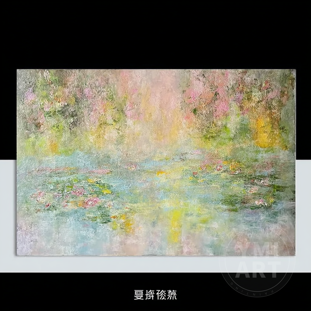 Soft abstract water lily pond painting with gentle green, pink, and yellow tones, impressionist floral landscape canvas with light texture, horizontal wall art for living room decor