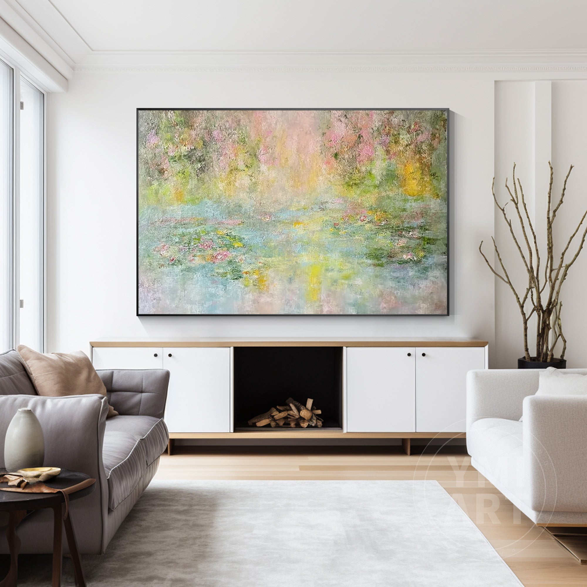 Soft abstract water lily pond painting with gentle green, pink, and yellow tones, impressionist floral landscape canvas with light texture, horizontal wall art for living room decor