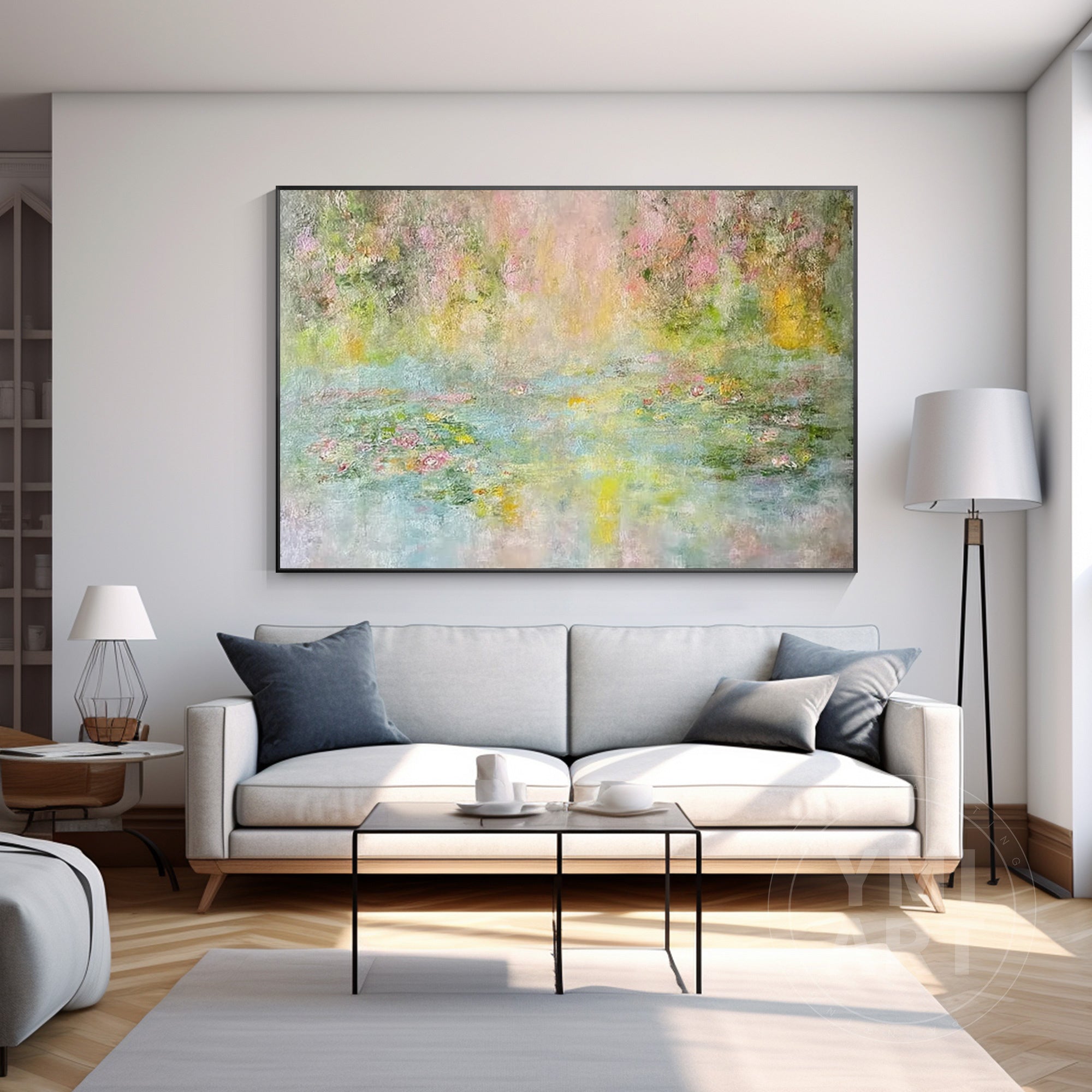 Soft abstract water lily pond painting with gentle green, pink, and yellow tones, impressionist floral landscape canvas with light texture, horizontal wall art for living room decor