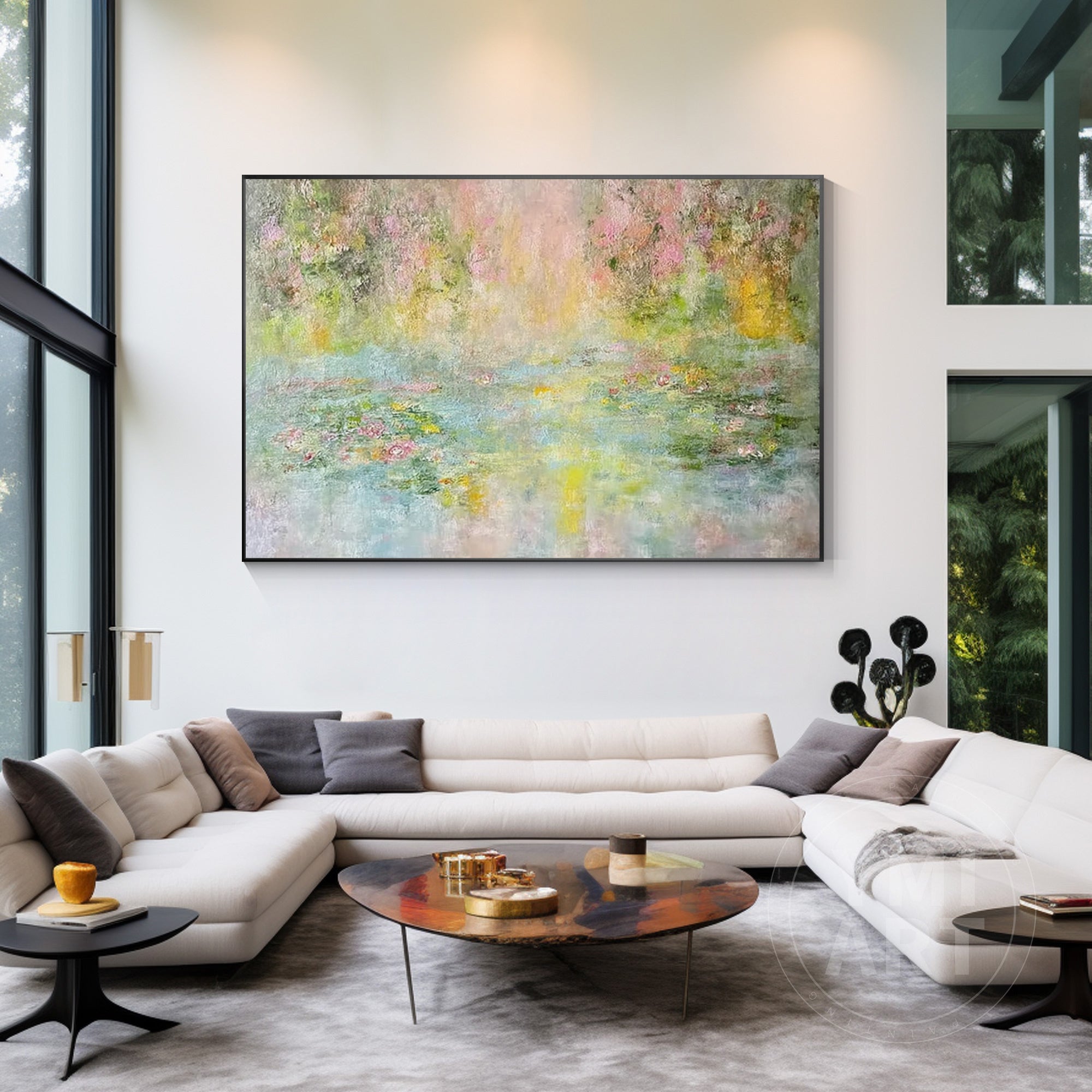 Soft abstract water lily pond painting with gentle green, pink, and yellow tones, impressionist floral landscape canvas with light texture, horizontal wall art for living room decor