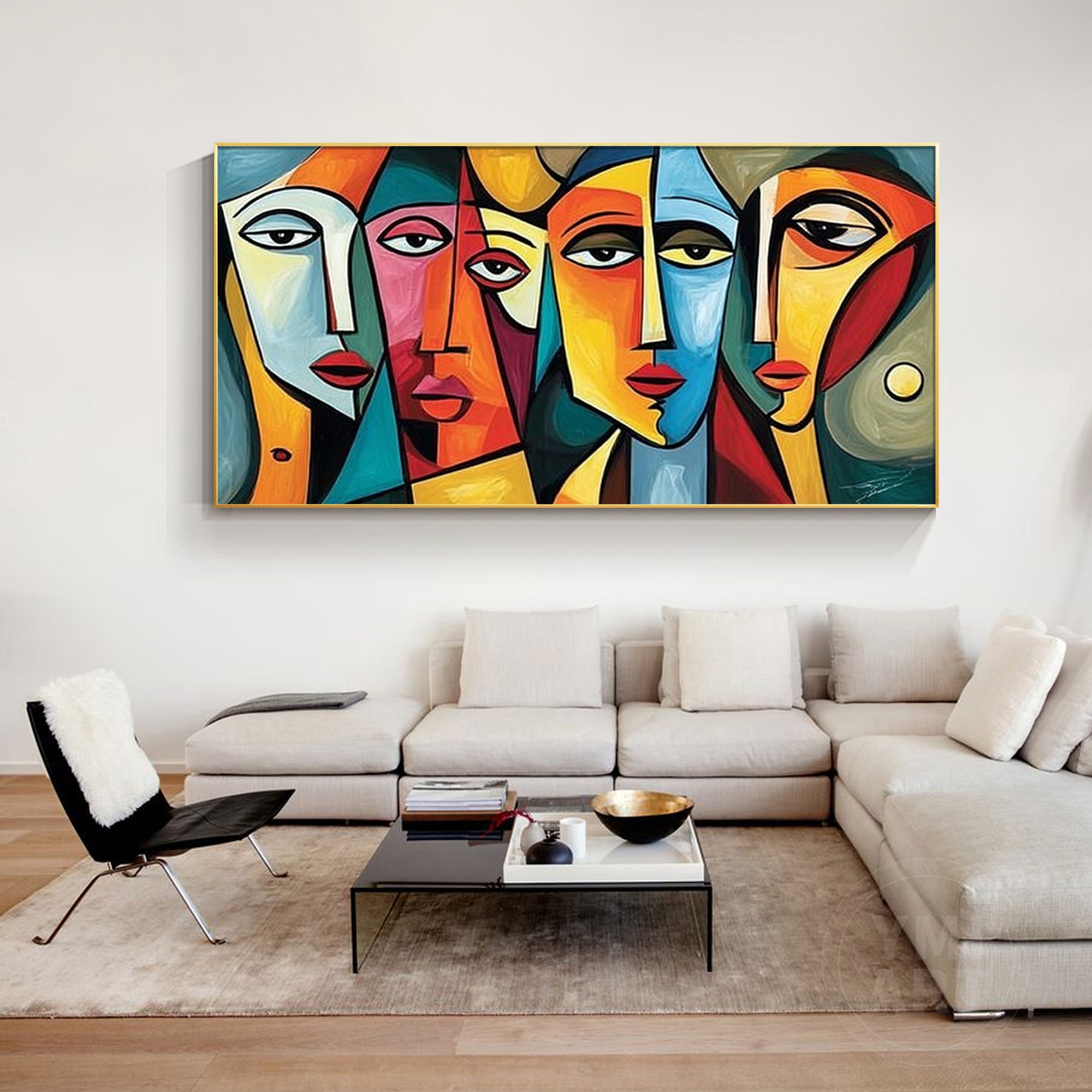 Hand‑painted horizontal cubist geometric abstract face portrait wall art for modern contemporary maximalist home decor