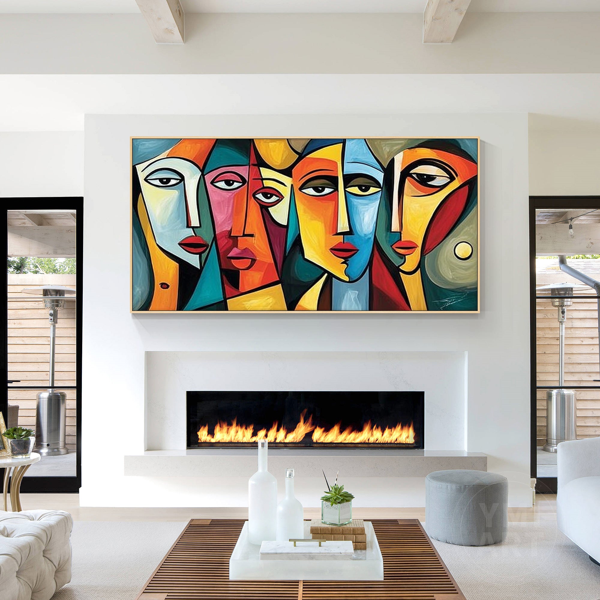 Hand‑painted horizontal cubist geometric abstract face portrait wall art for modern contemporary maximalist home decor